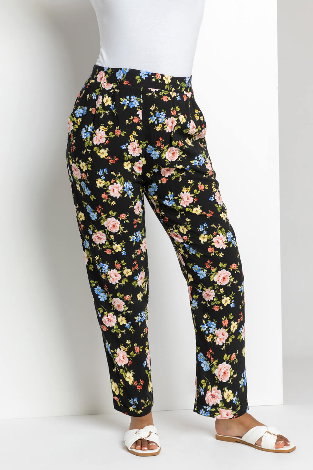 Black Petite Floral Print Tapered Trousers, Image 2 of 4