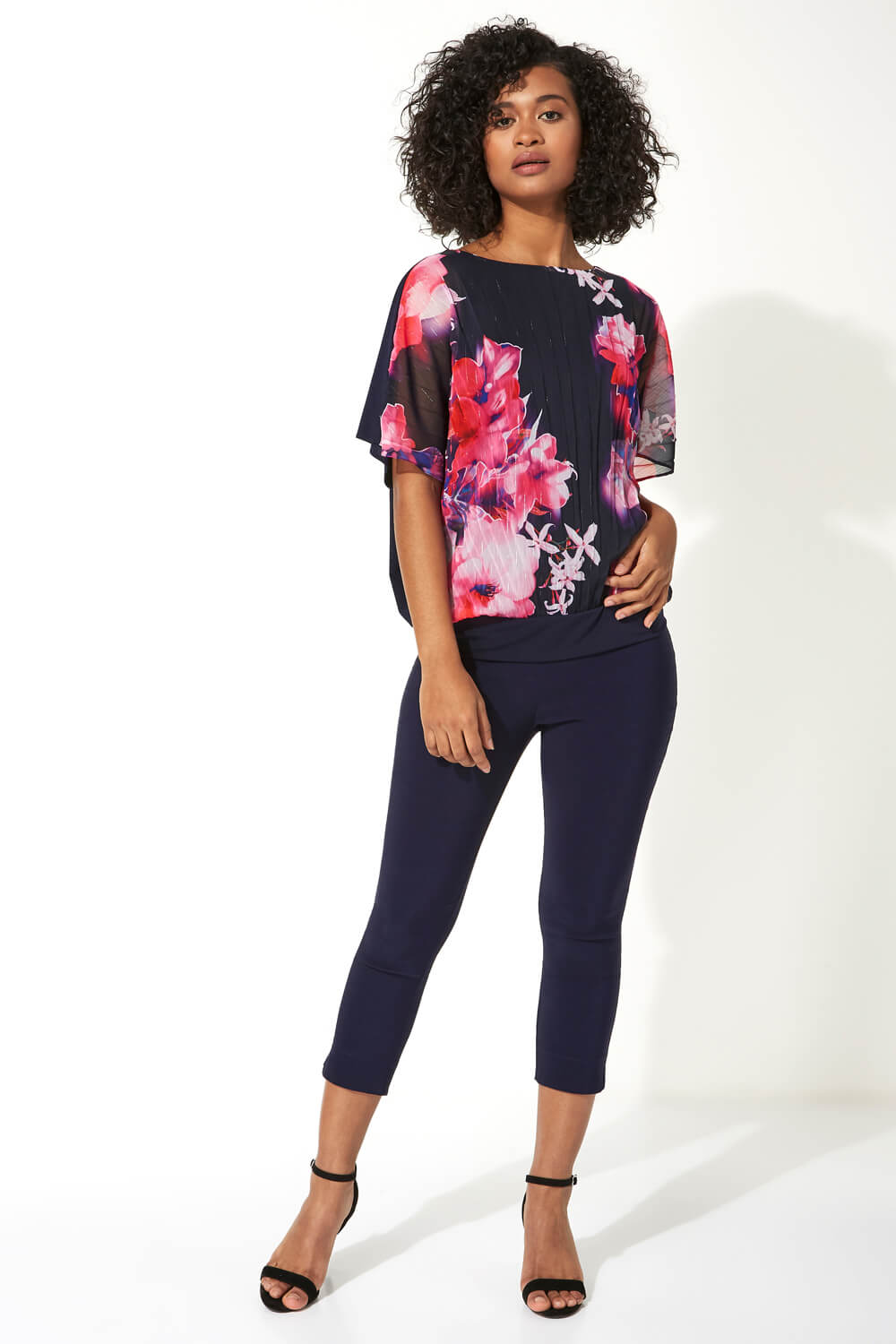 Navy  Floral Print Pleated Blouson Top, Image 2 of 8
