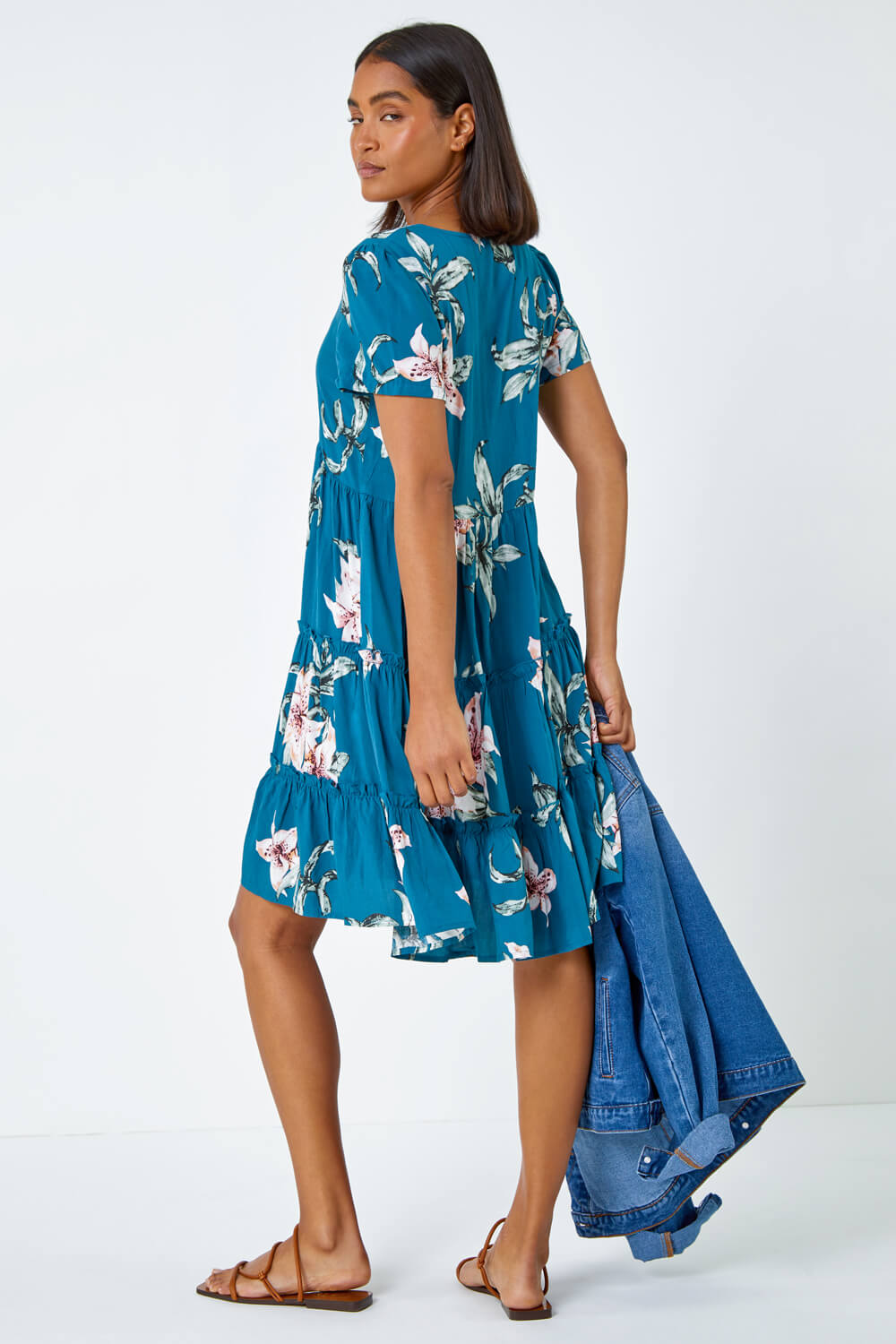 Teal Floral Print Tiered Mini Dress, Image 3 of 5
