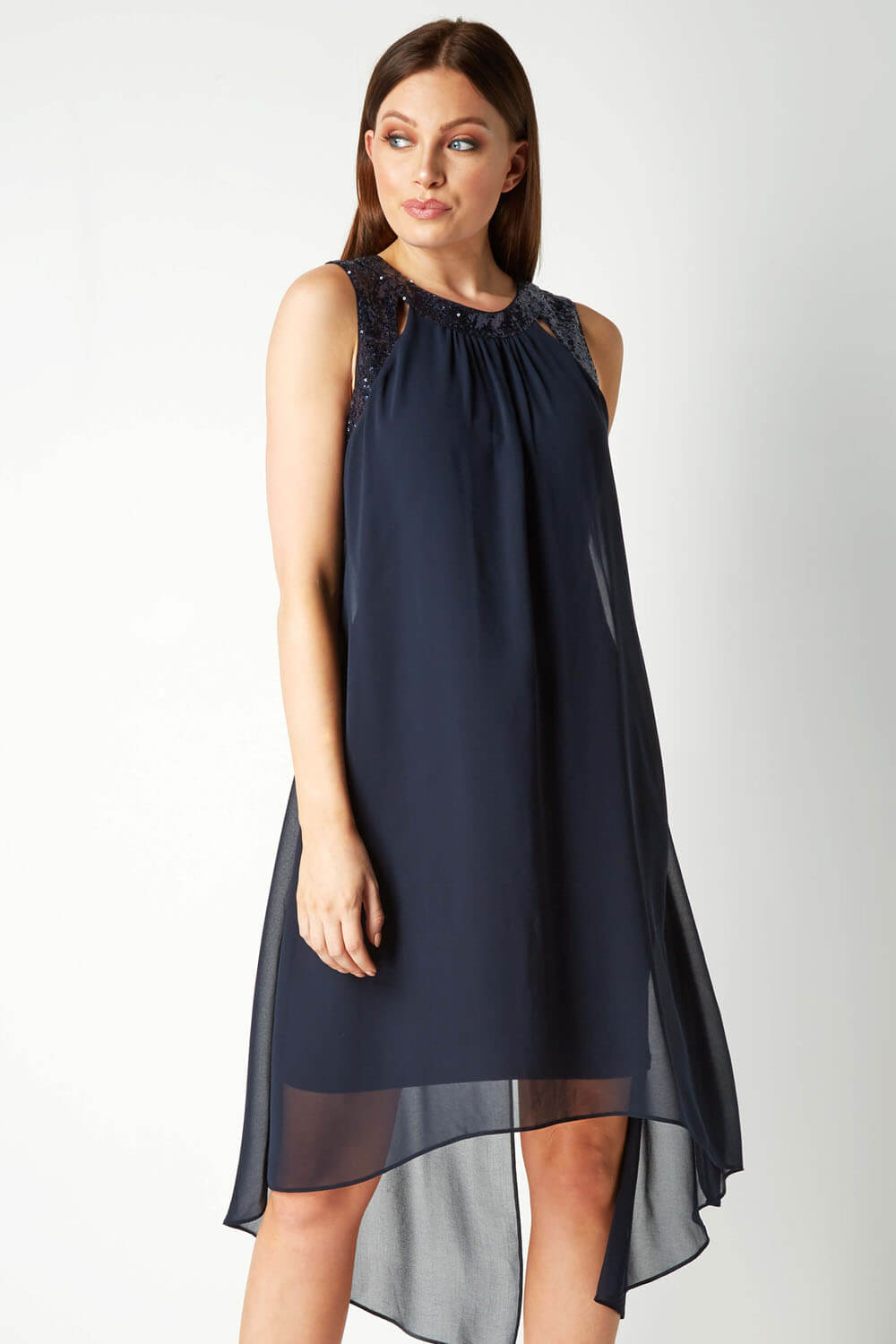 Cut Out Sequin Neck Dress in Midnight Blue - Roman Originals UK