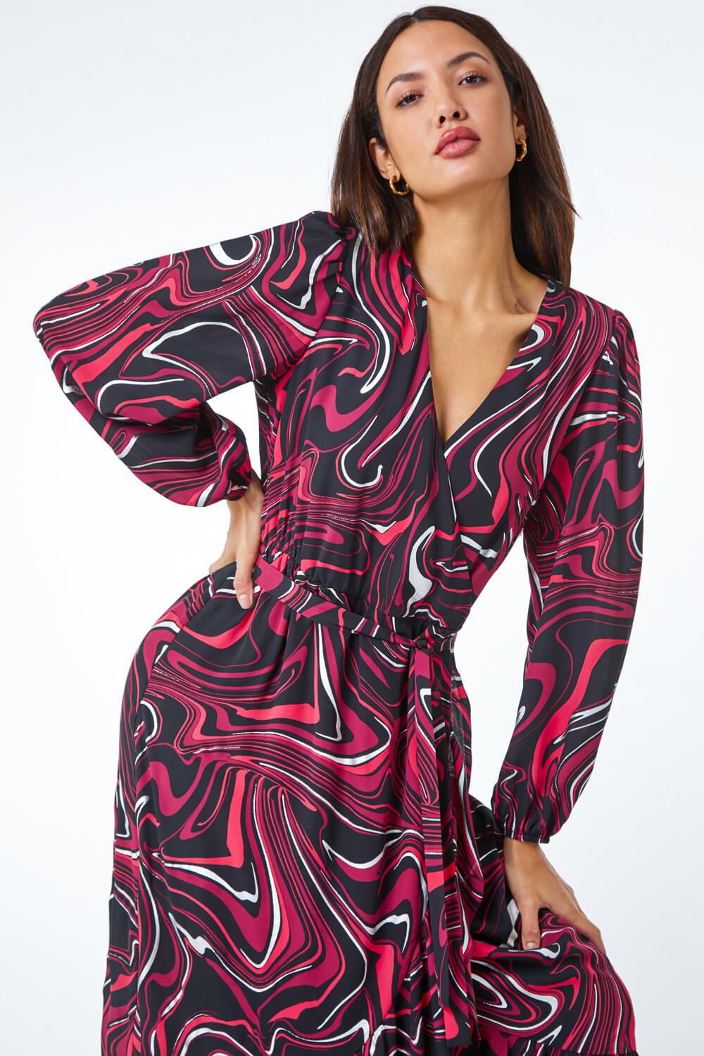 Red Marble Print Wrap Dress , Image 3 of 5