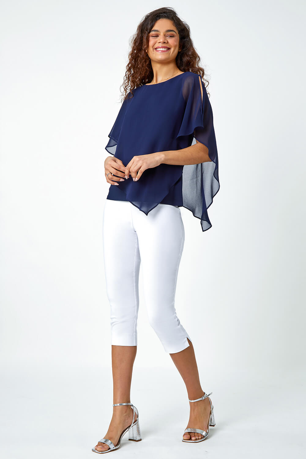 Navy  Asymmetric Cold Shoulder Stretch Top, Image 2 of 5