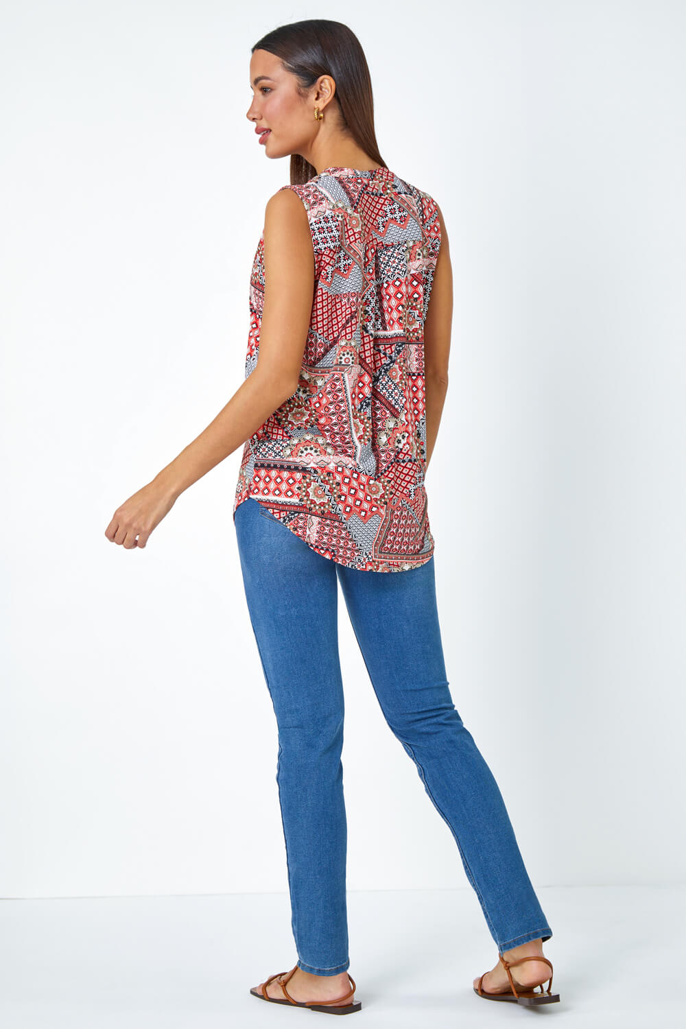 Red Textured Patchwork Sleeveless Stretch Top, Image 3 of 5