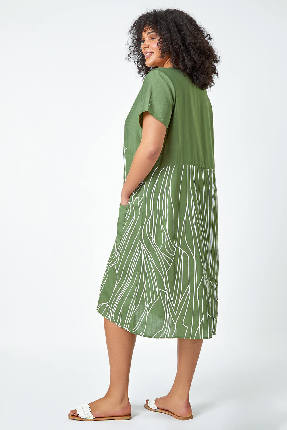 KHAKI Curve Contrast Print Pocket T-Shirt Dress, Image 3 of 5