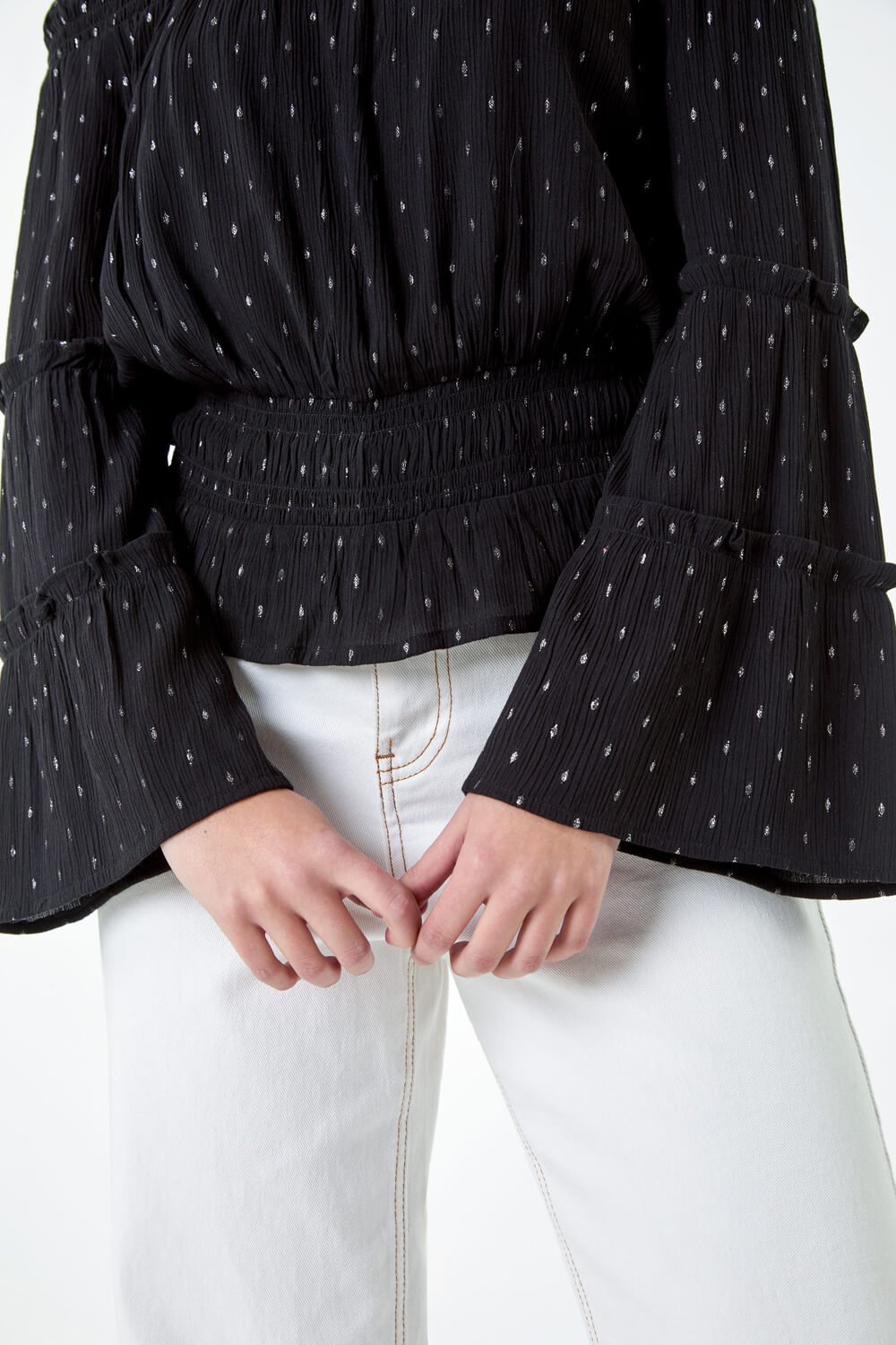 Black Shimmer Foil Textured Bardot Top, Image 5 of 5