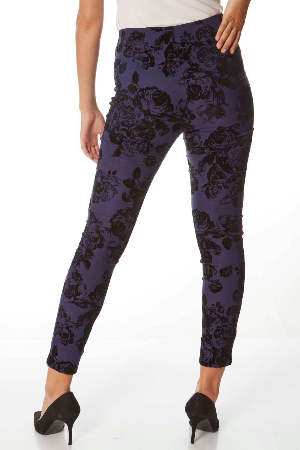 Midnight-Blue Flocked Full Length Stretch Trousers, Image 2 of 4