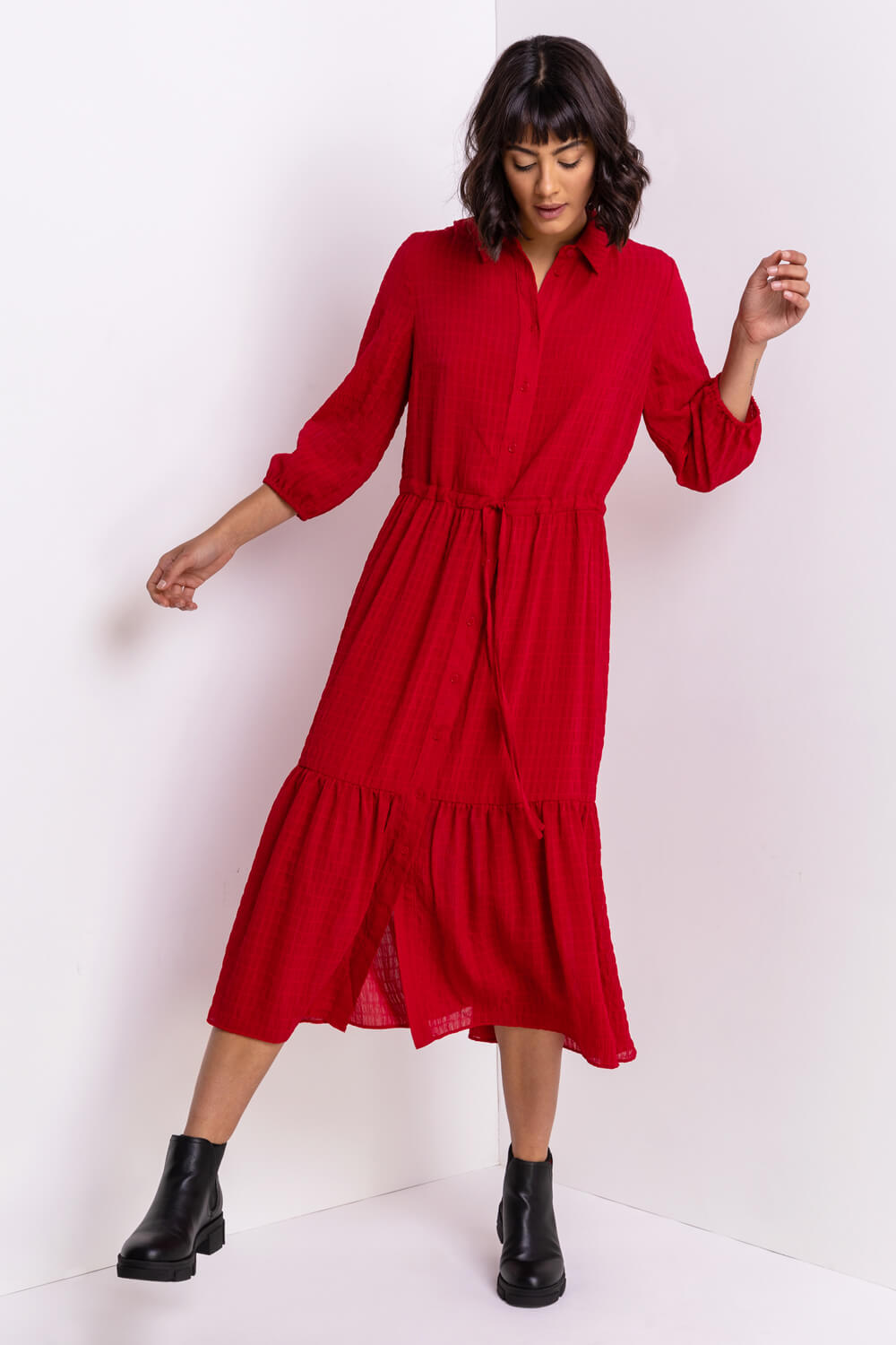 Red Tiered Textured Midi Shirt Dress, Image 5 of 5