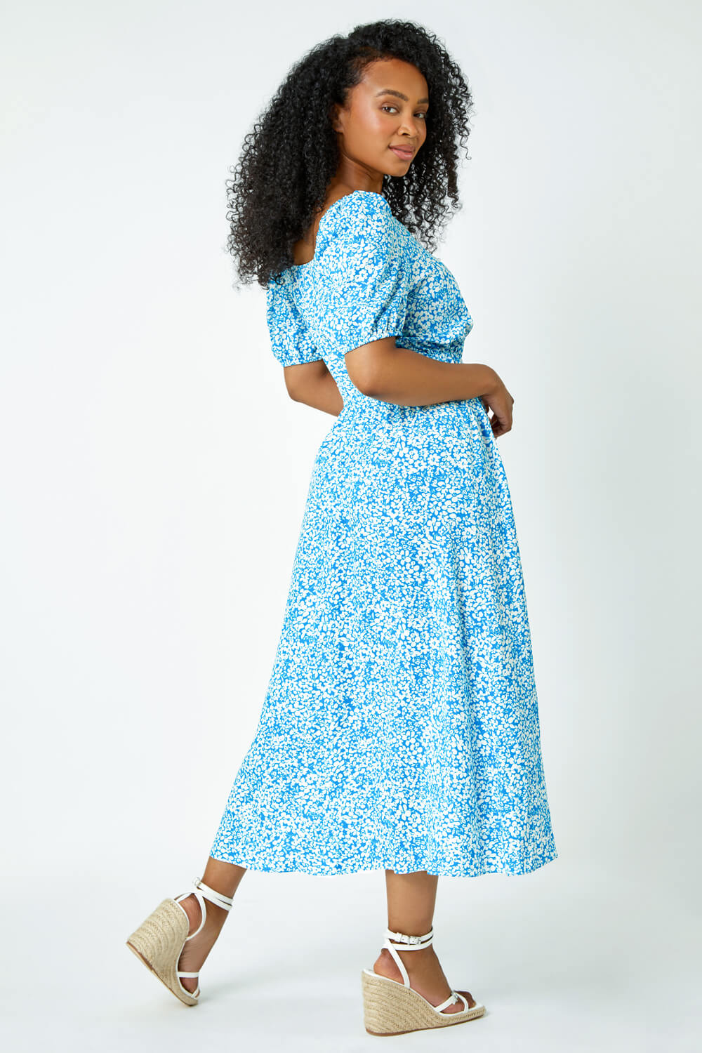 Blue Petite Ditsy Floral Stretch Midi Dress, Image 3 of 5
