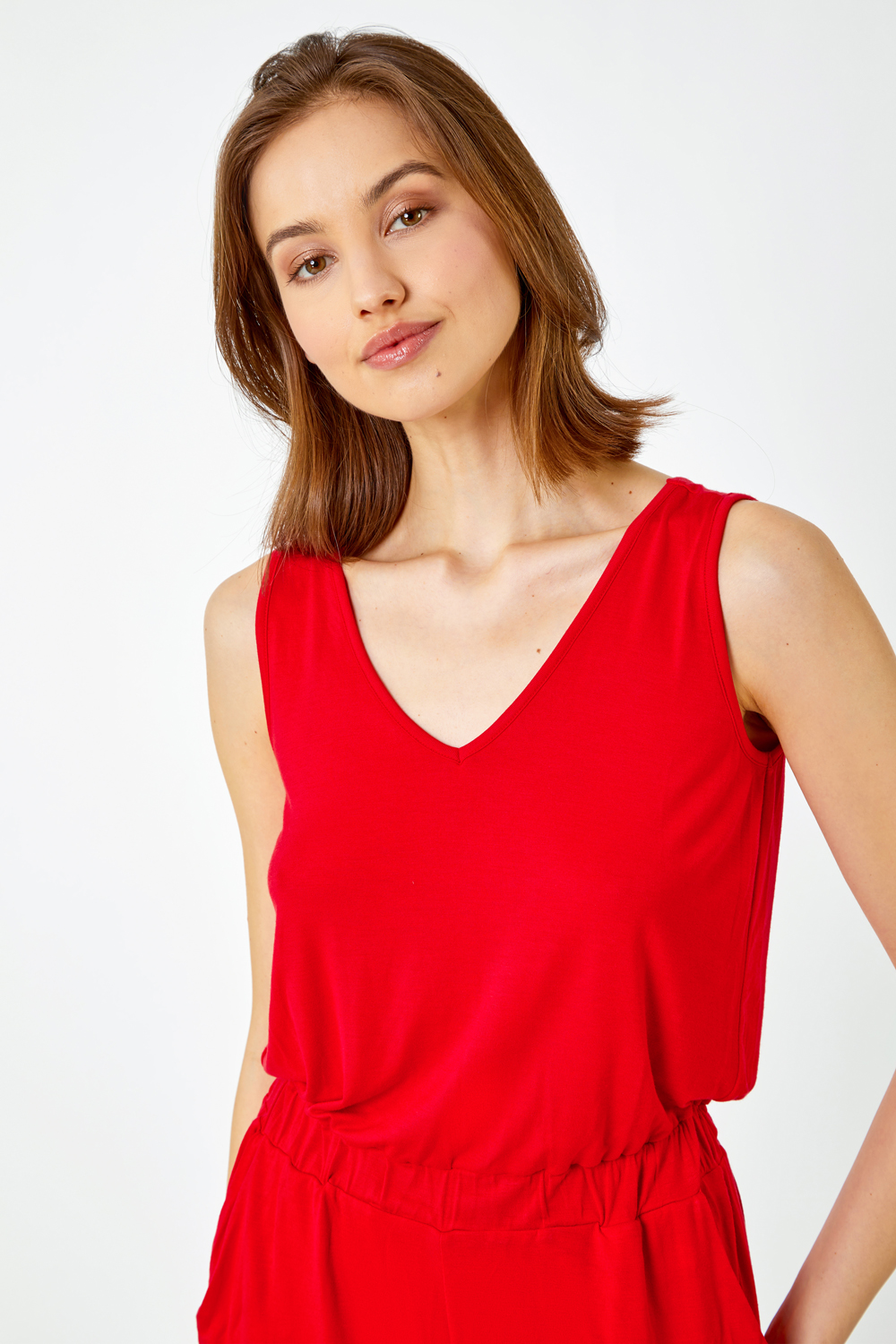 Red Plain Sleeveless Stretch Playsuit, Image 4 of 5