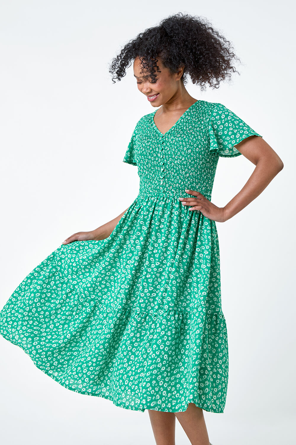 Green Petite Ditsy Floral Shirred Midi Dress, Image 2 of 5