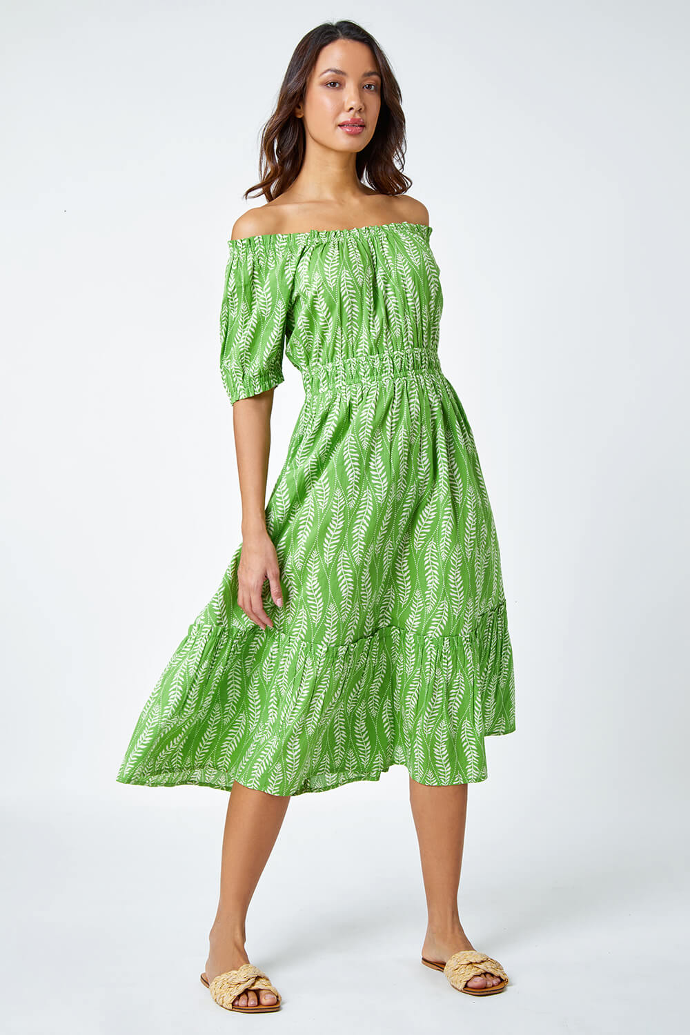 Green Leaf Print Stretch Neck Midi Dress, Image 2 of 5