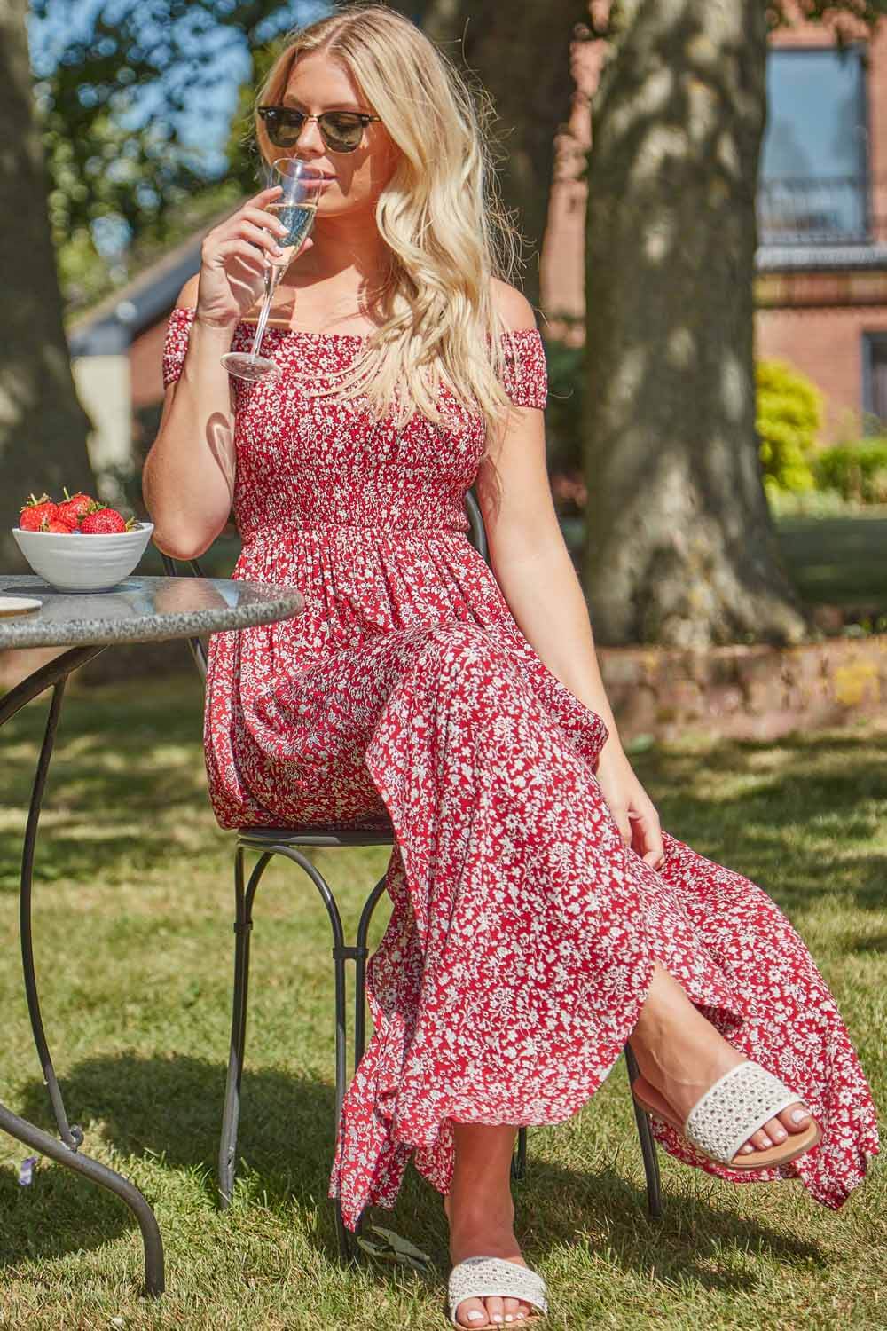 Floral Shirred Bardot Maxi Dress in Red ...