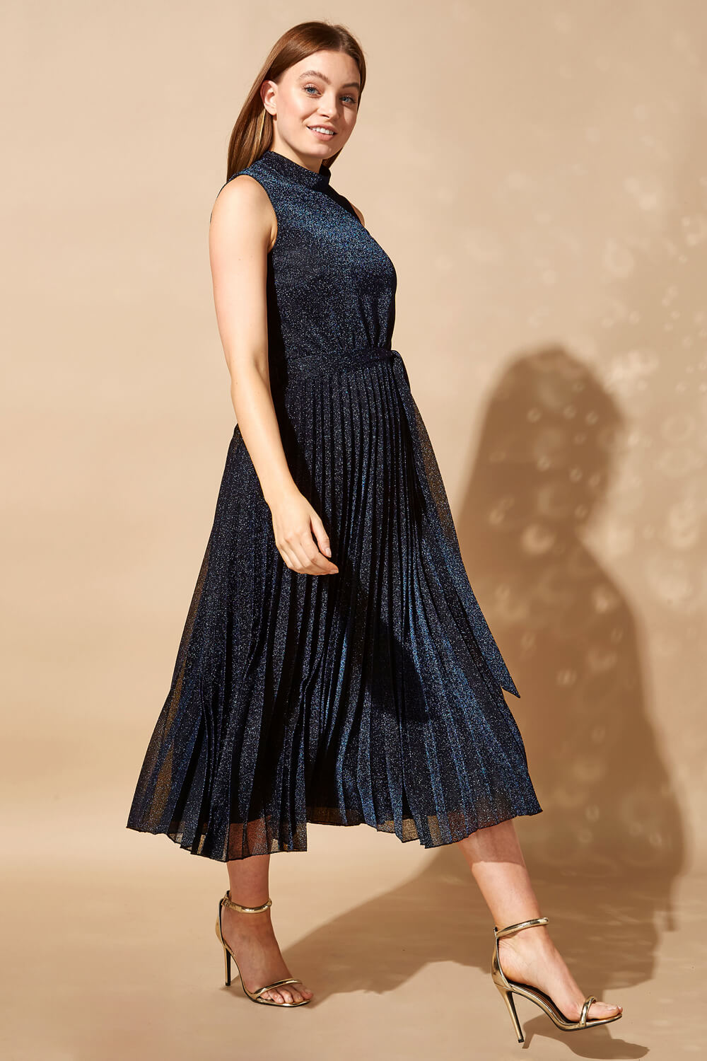 Midnight Blue Shimmer Pleated Midi Dress, Image 4 of 4