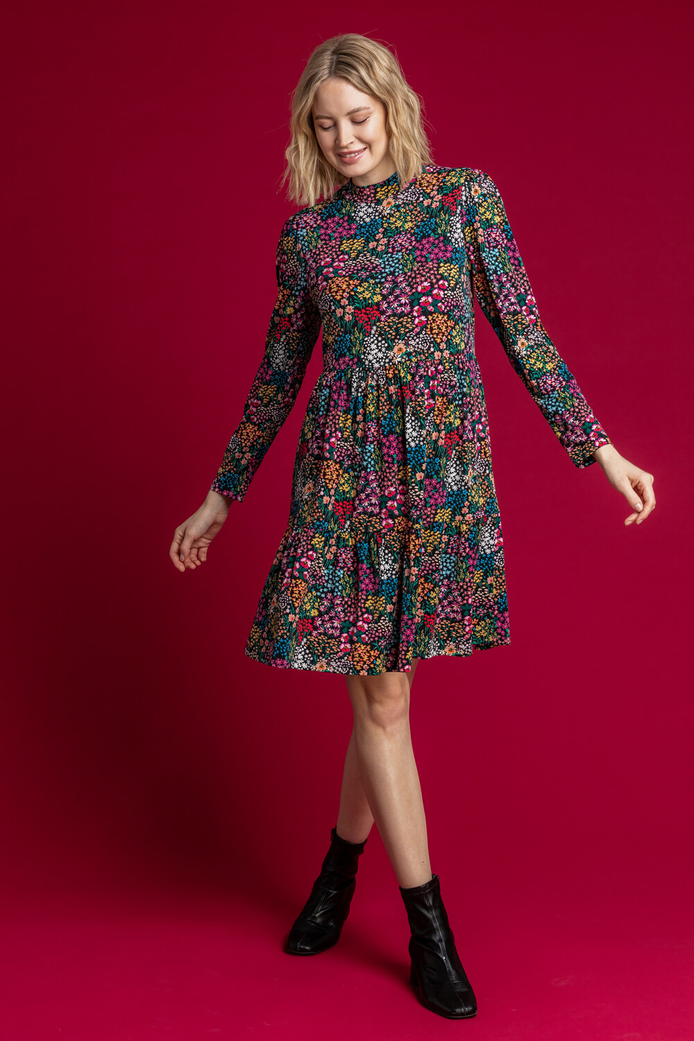 Fuchsia Floral Tiered High Neck Dress, Image 3 of 4