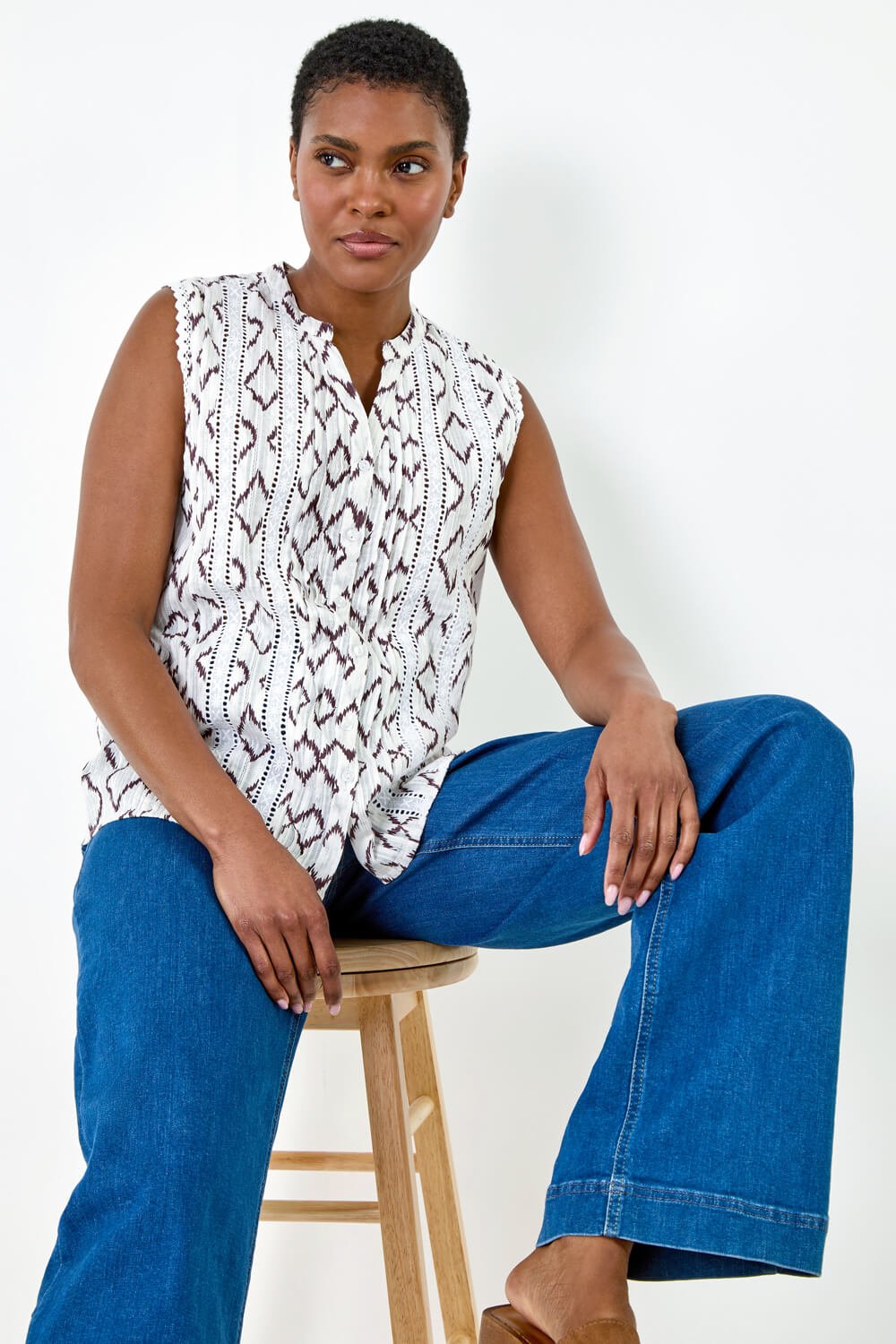 Ivory  Lace Trim Printed  V-Neck Cotton Blouse, Image 4 of 5
