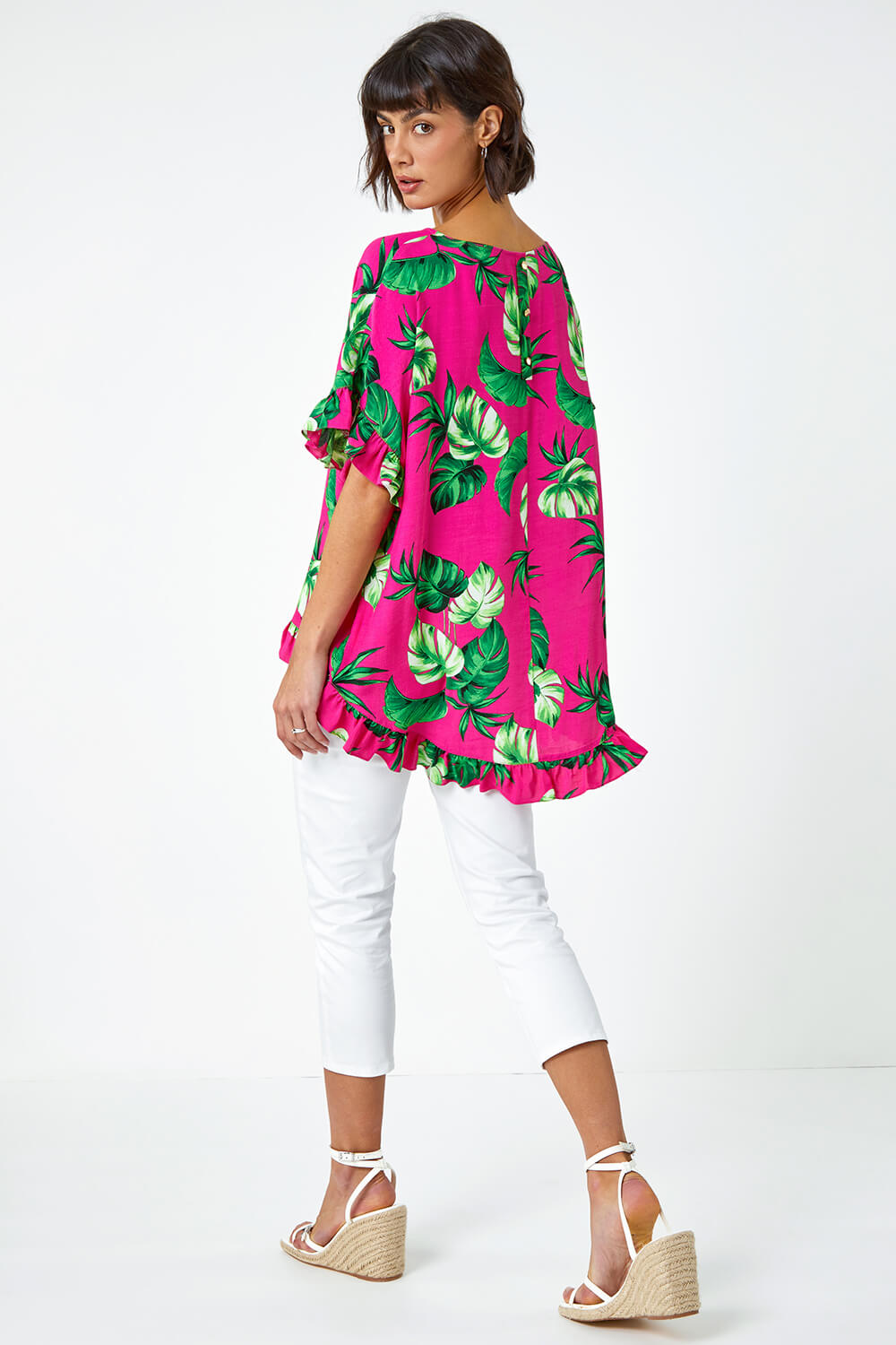PINK Palm Print Frill Detail Oversized Top, Image 3 of 5