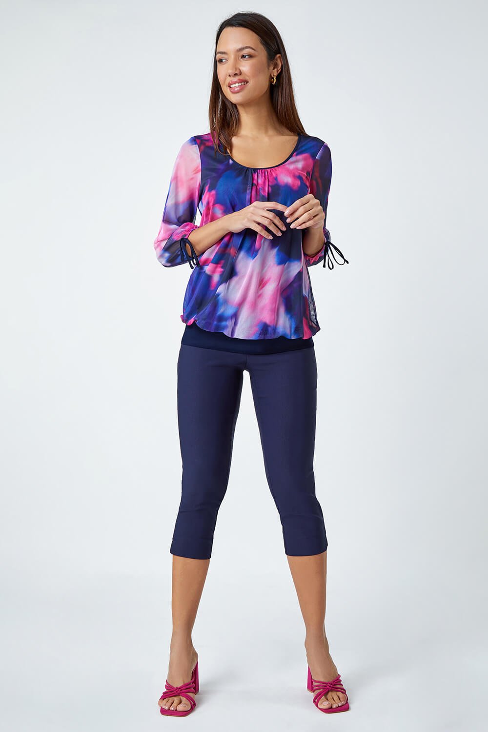 Navy  Floral Print Bubble Hem Stretch Top, Image 2 of 5