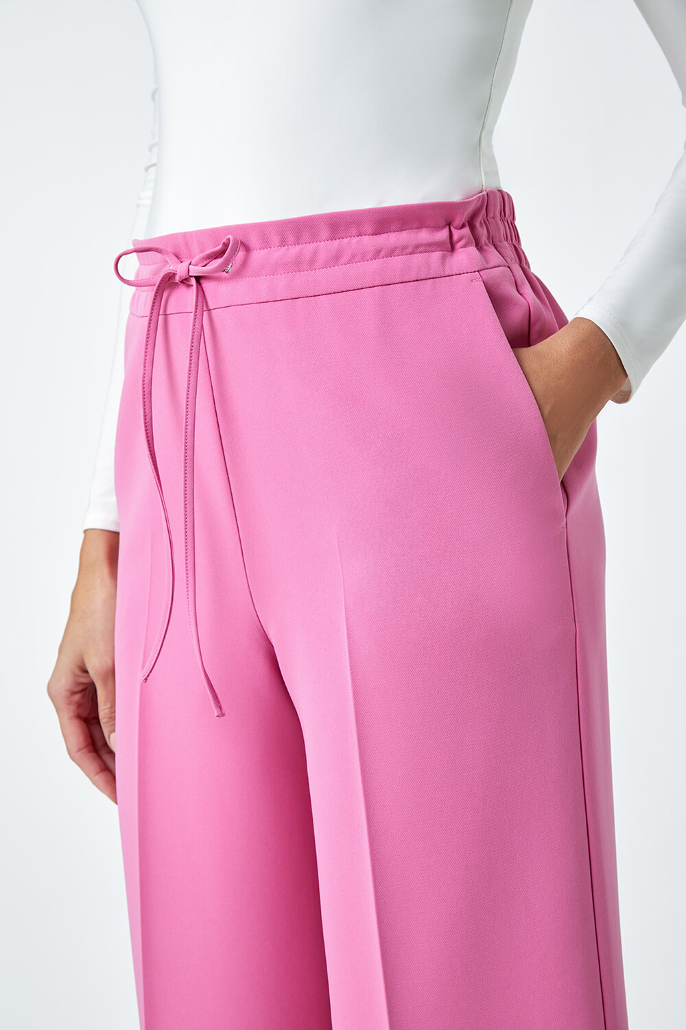 Light Pink Wide Leg Tie Front Stretch Trouser, Image 5 of 5