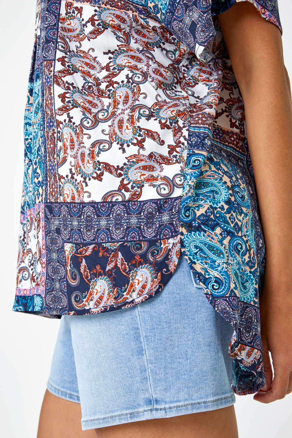 Blue Patchwork Scarf Print Woven Overshirt, Image 6 of 6