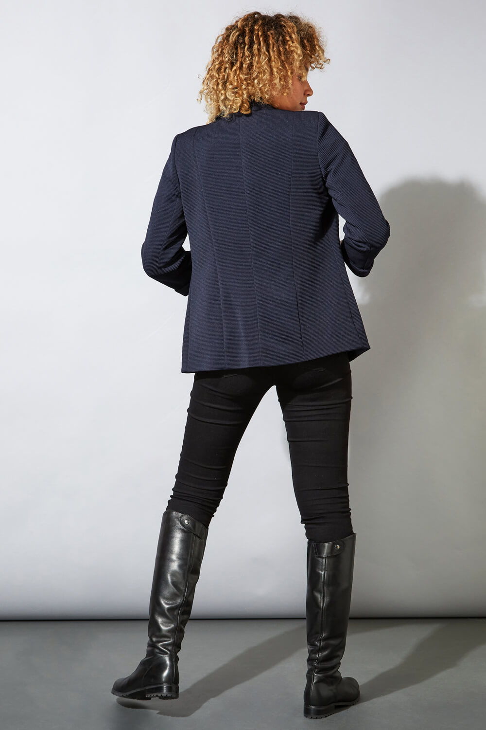 Navy  Ribbed 3/4 Sleeve Roll Cuff Jacket, Image 3 of 6