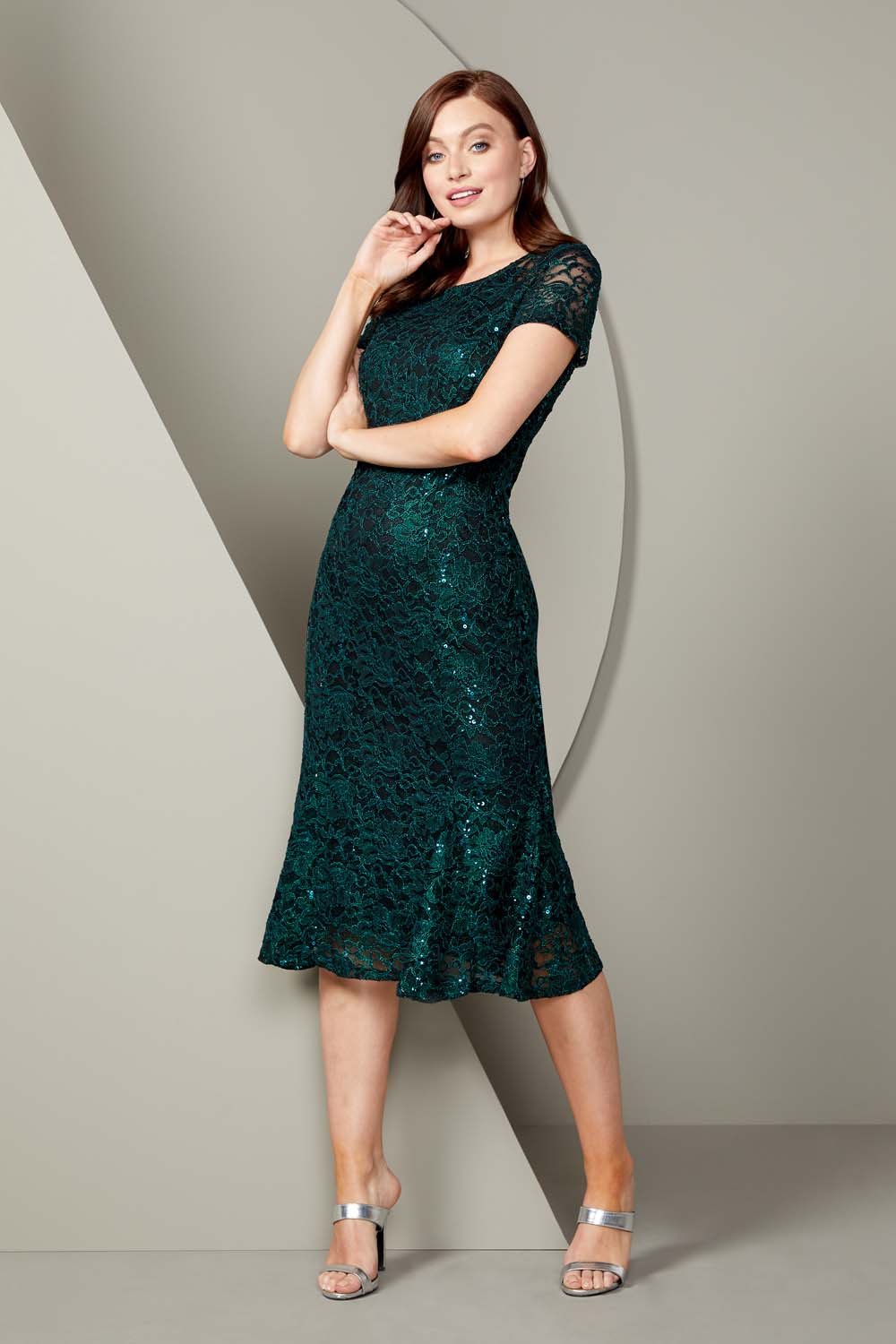Metallic Lace Sequin Midi Dress