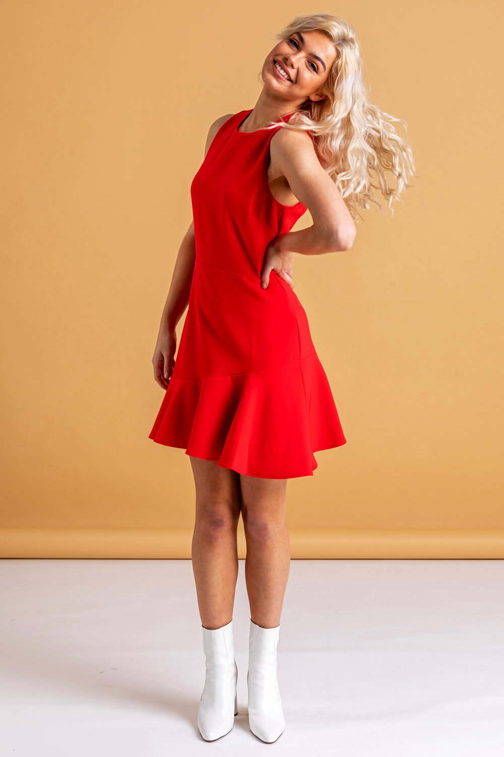 Red Sleeveless Peplum Hem Dress, Image 4 of 4