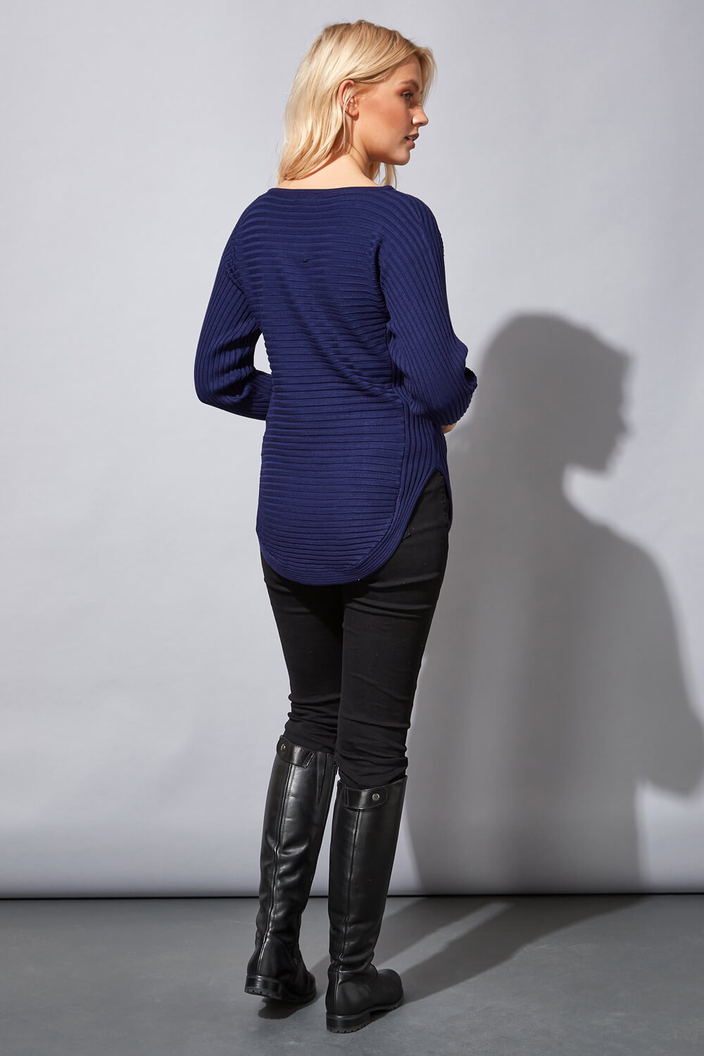 Navy  Zip Front V Neck Jersey Long Sleeve Top, Image 3 of 4