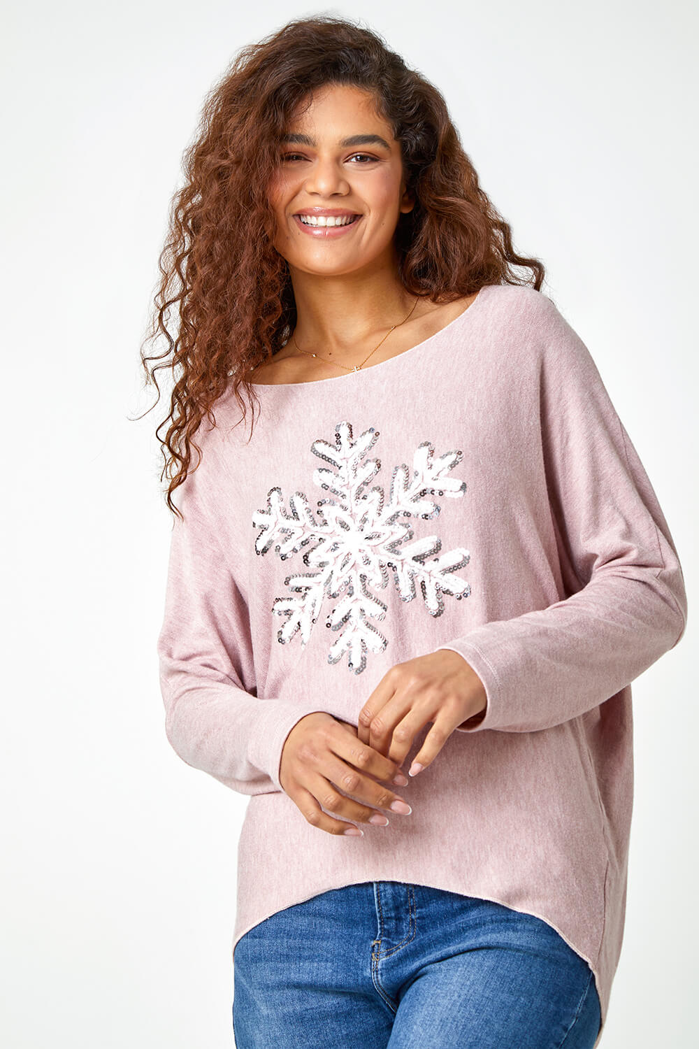Light Pink Embellished Snowflake Stretch Top, Image 4 of 5