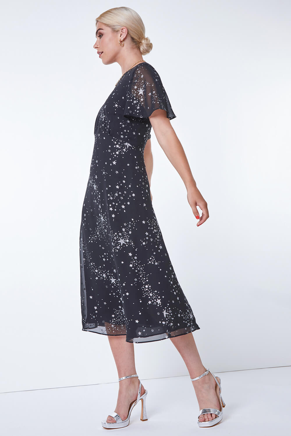 Black Star Print Chiffon Midi Dress , Image 2 of 5