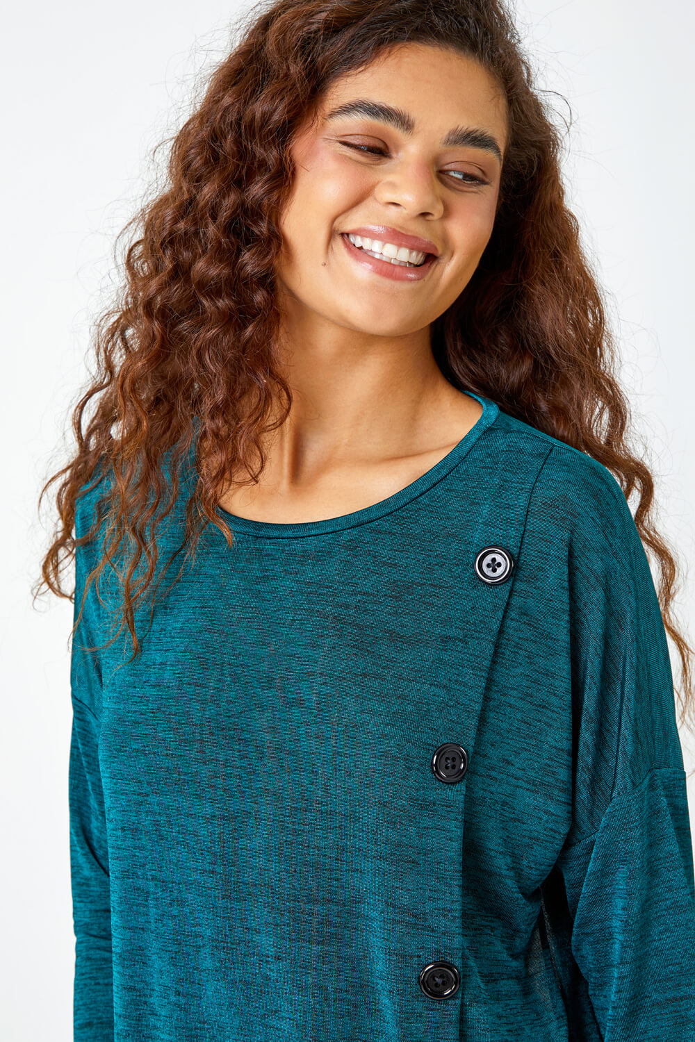 Teal Button Detail Marl Stretch Top, Image 4 of 5