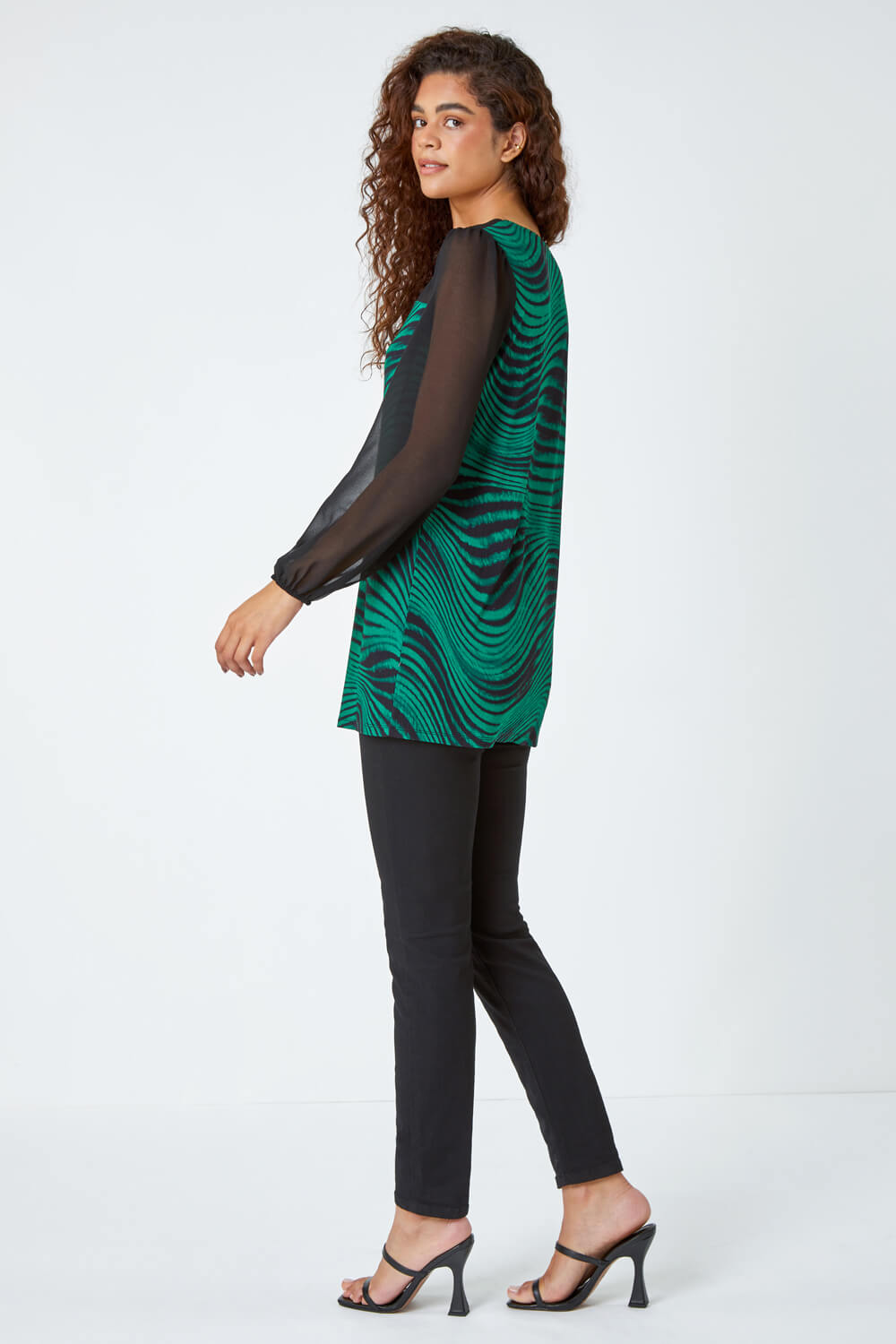 Green Abstract Print Chiffon Sleeve Stretch Top, Image 3 of 5