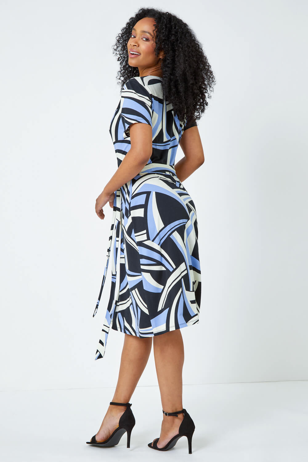 Blue Petite Abstract Print Stretch Wrap Dress, Image 3 of 5