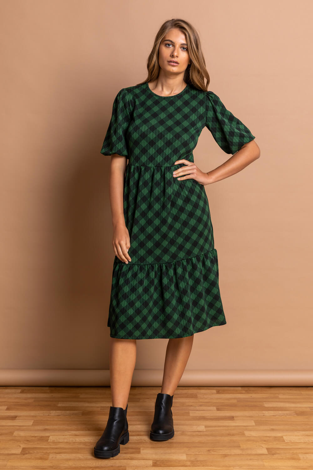 Green Tiered Check Print Midi Dress, Image 3 of 5