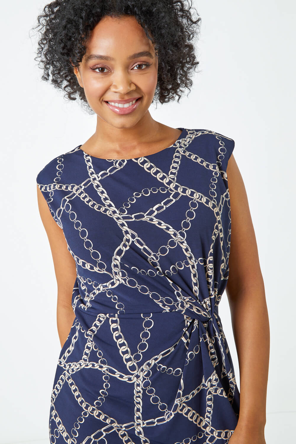 Navy  Petite Chain Print Knot Detail Ruched Dress, Image 4 of 5