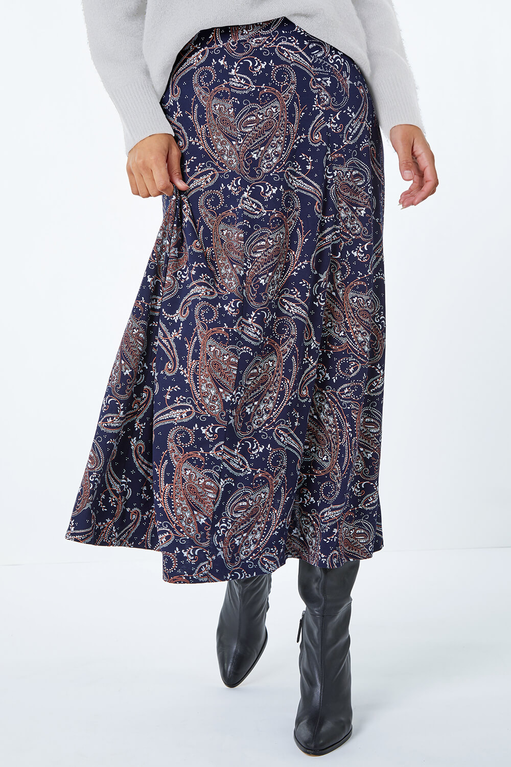 Midnight Blue Paisley Print Stretch Midi Skirt, Image 4 of 5
