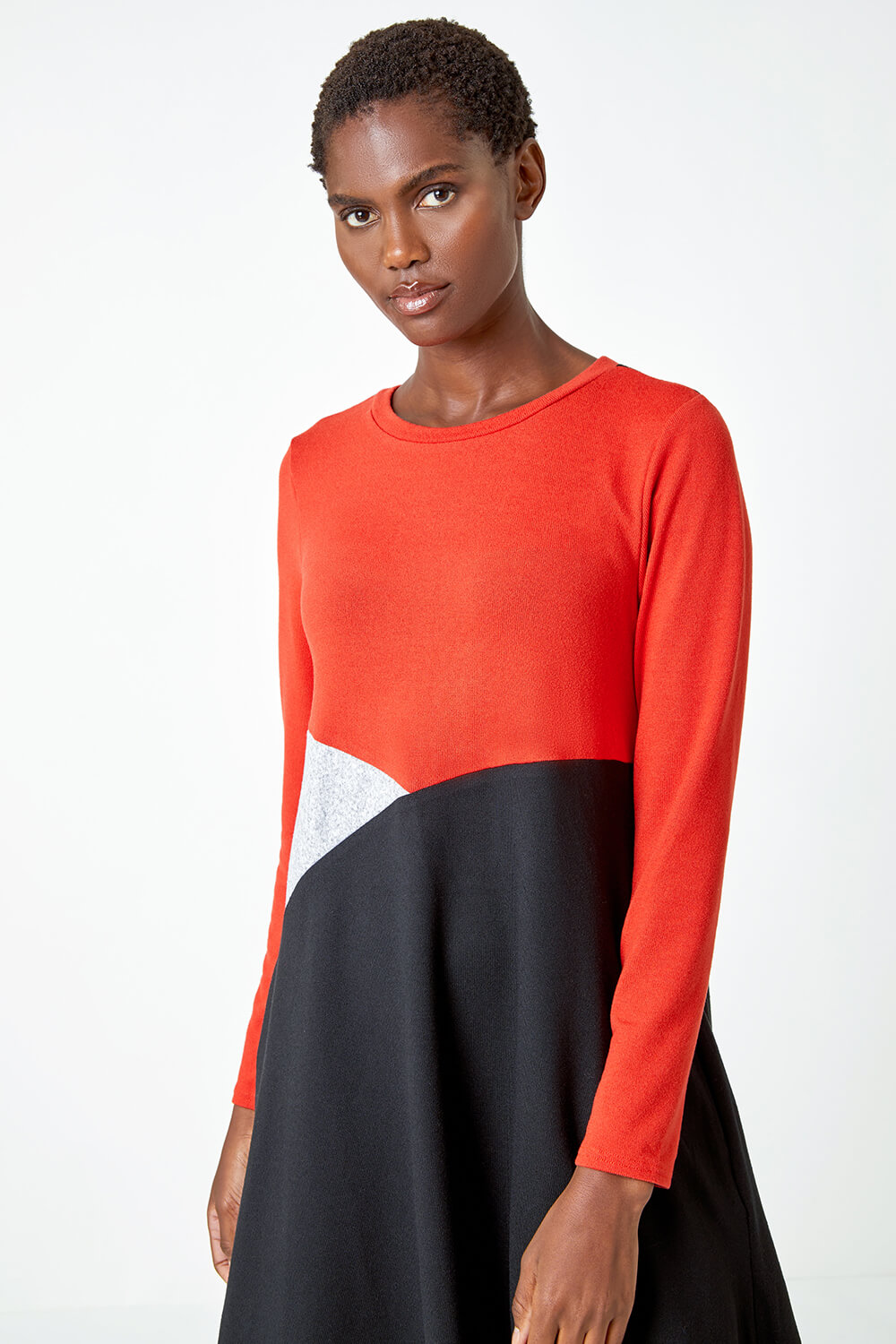 Dark Orange Colour Block Stretch Swing Dress, Image 4 of 5