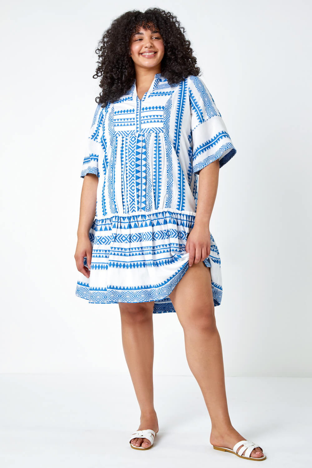 Blue Curve Embroidered Cotton Blend Dress, Image 2 of 5