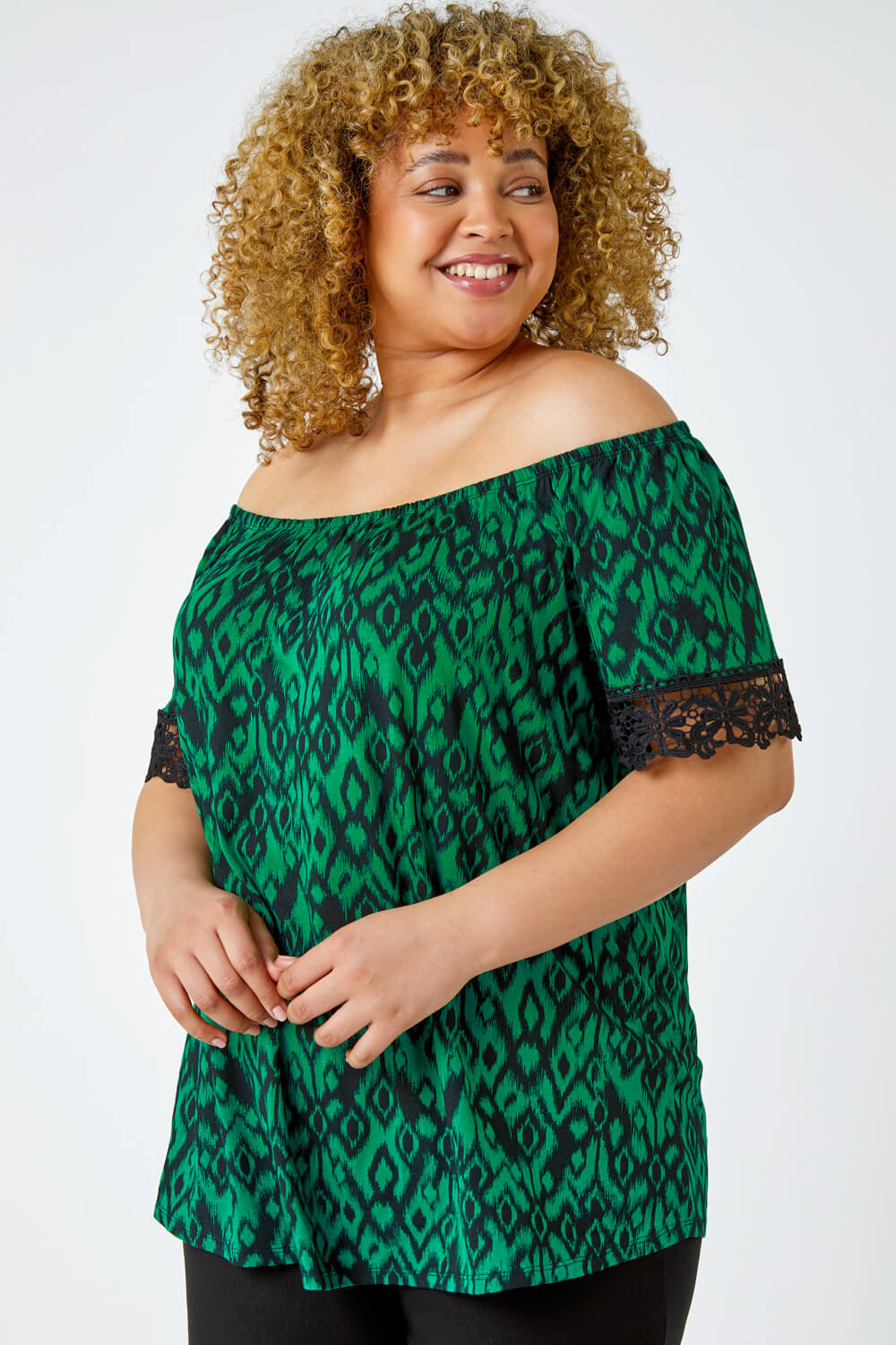 Green Curve Lace Trim Bardot Stretch Top, Image 4 of 5