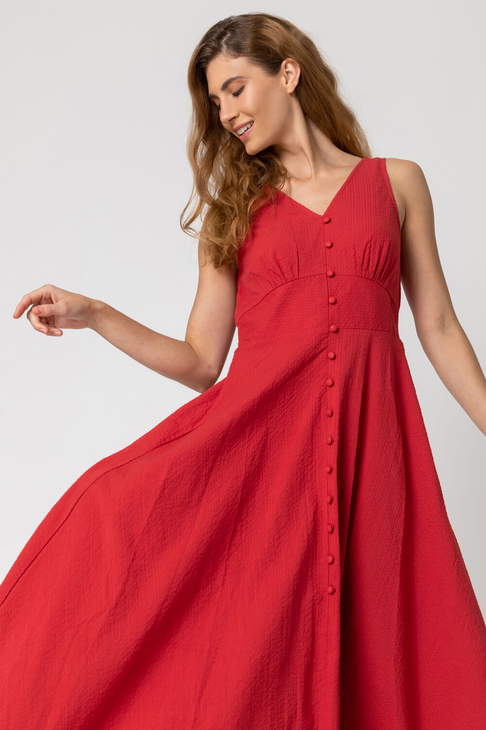 Red Button Detail Cotton Midi Dress, Image 3 of 5