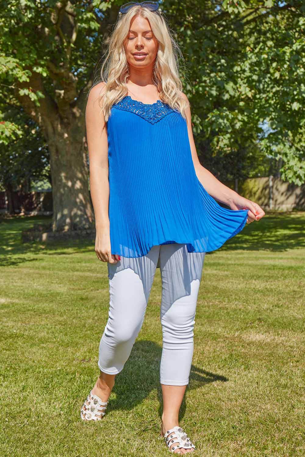 Royal Blue Pleated Lace Trim Cami Top, Image 3 of 4