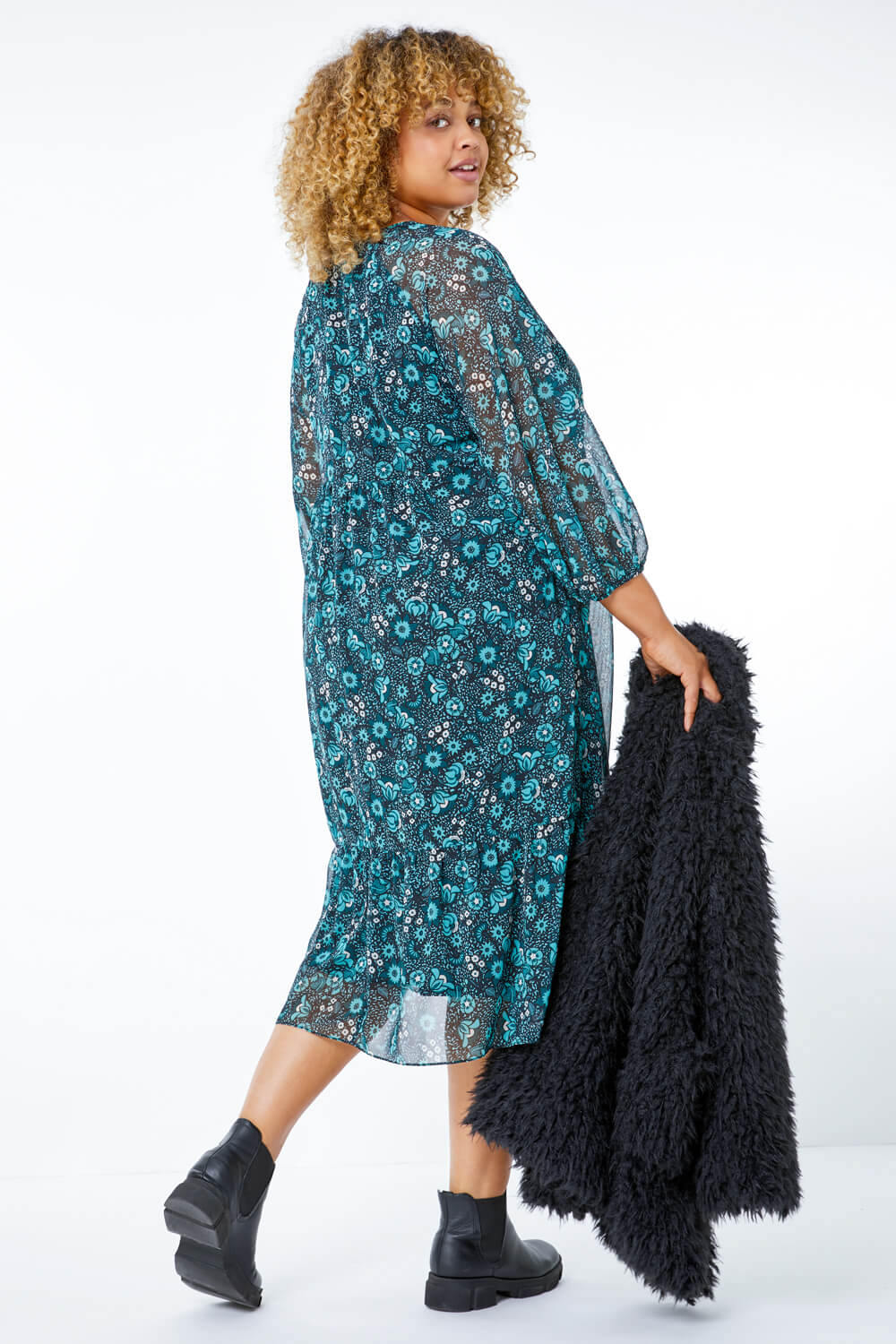 Teal Curve Floral Tiered Midi Dress, Image 4 of 5