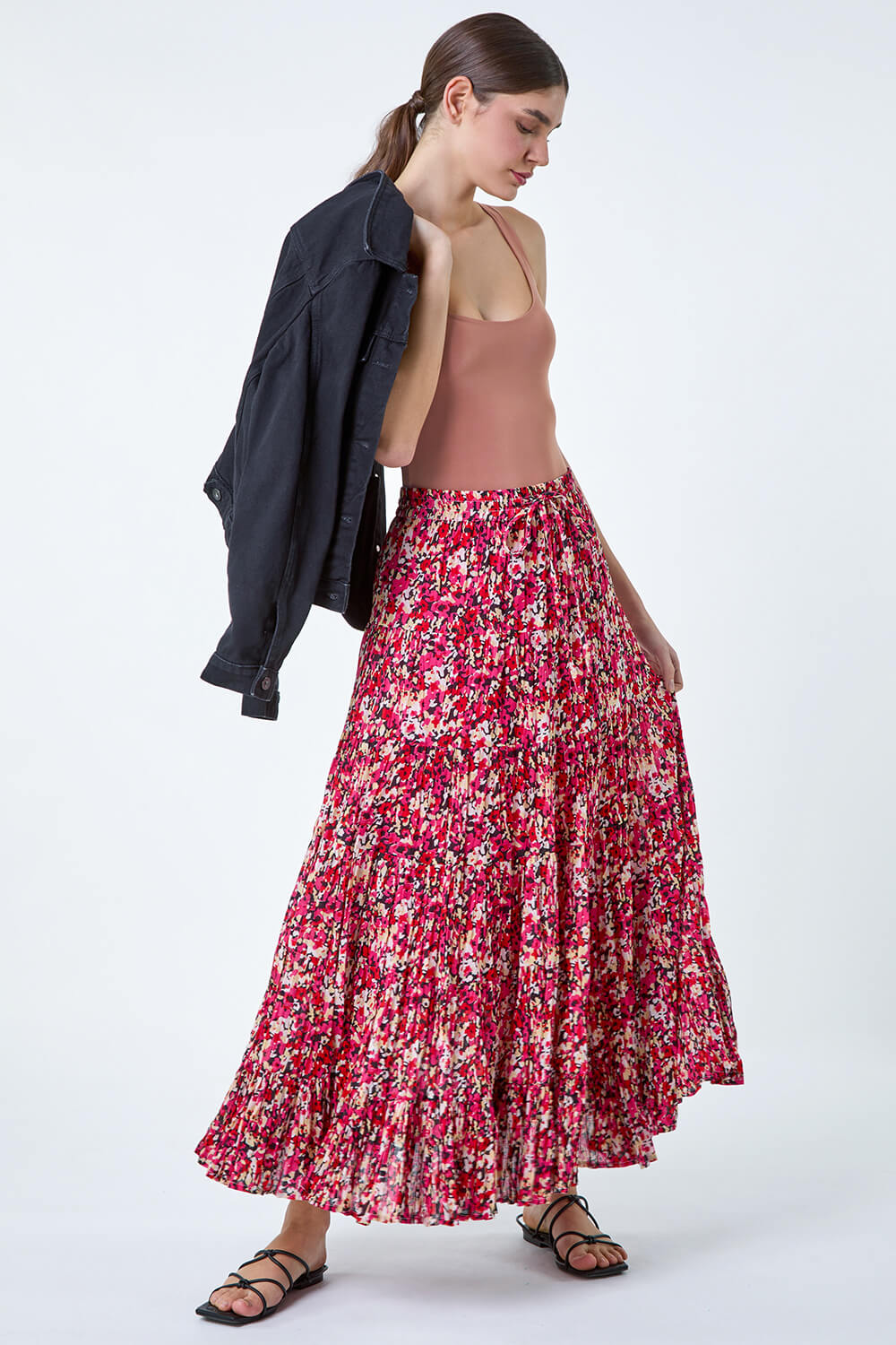 PINK Floral Crinkle Cotton A line Tiered Maxi Skirt, Image 2 of 5