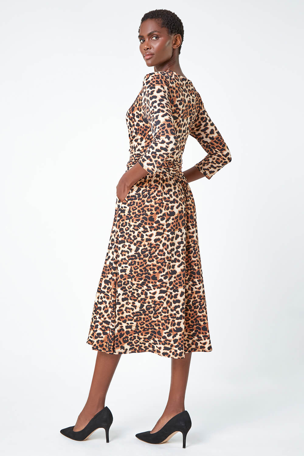 Camel  Leopard Print Mock Wrap Midi Stretch Dress, Image 3 of 5