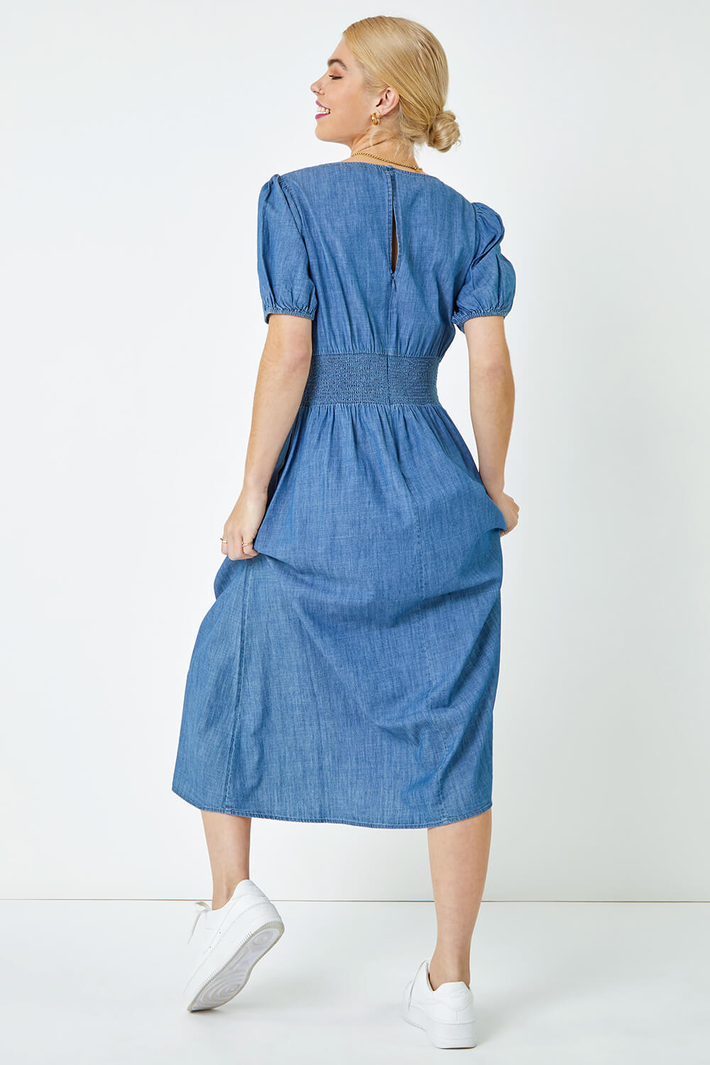 Denim Shirred Waist Pocket Midi Dress, Image 3 of 5