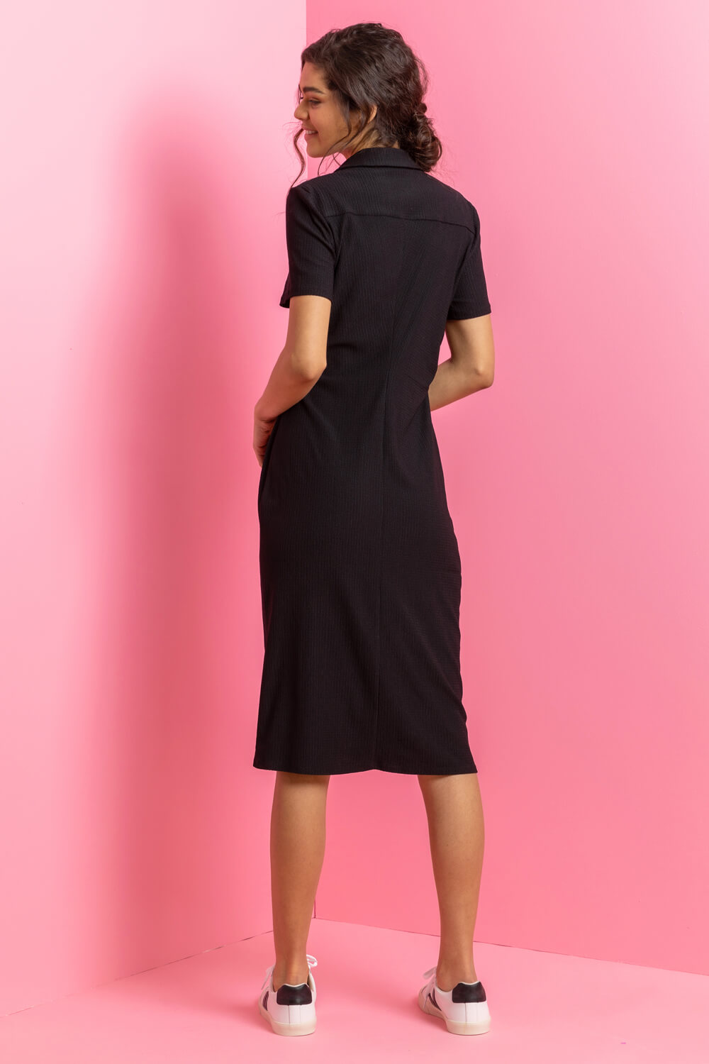 Black Ruched Detail Stretch Shirt Dress, Image 2 of 5