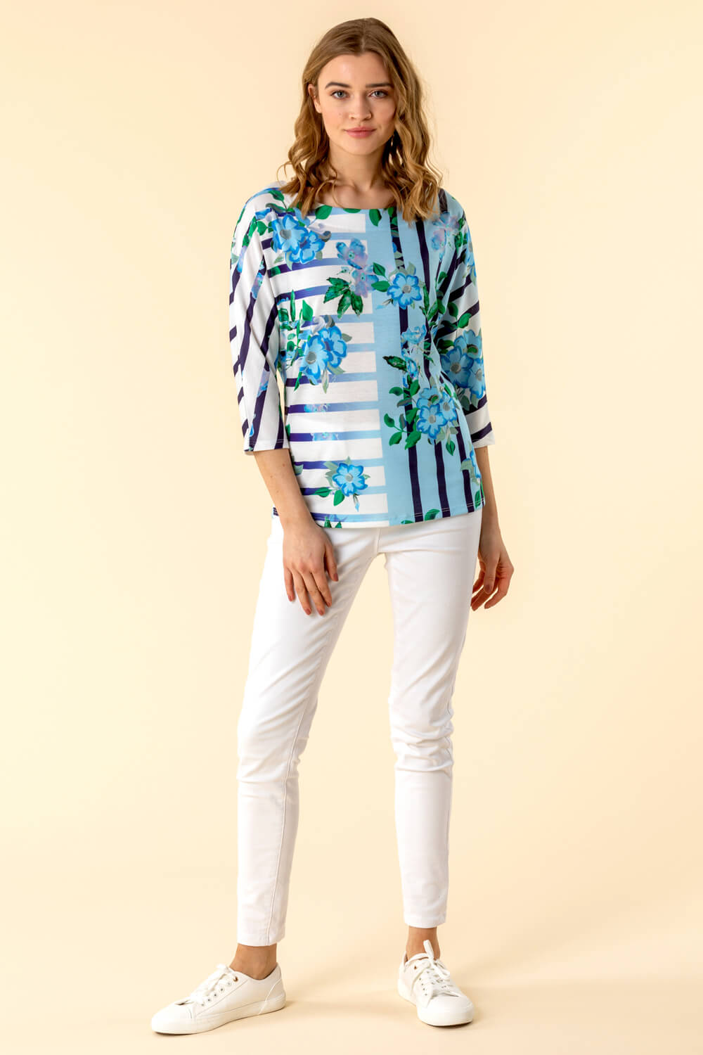 Light Blue  Floral Striped Batwing Top, Image 2 of 4