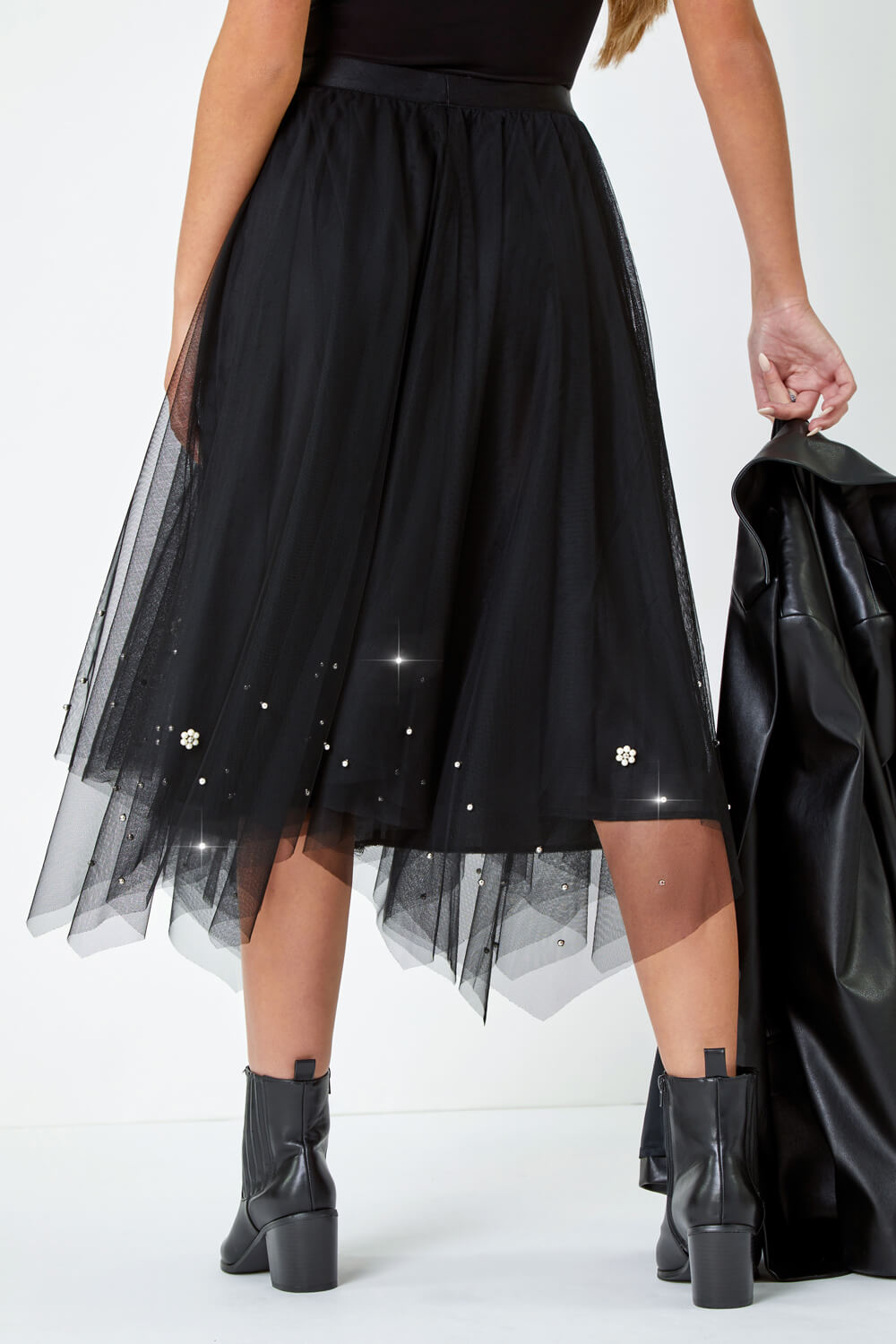 Black Petite Pearl Embellished Mesh Skirt, Image 2 of 5