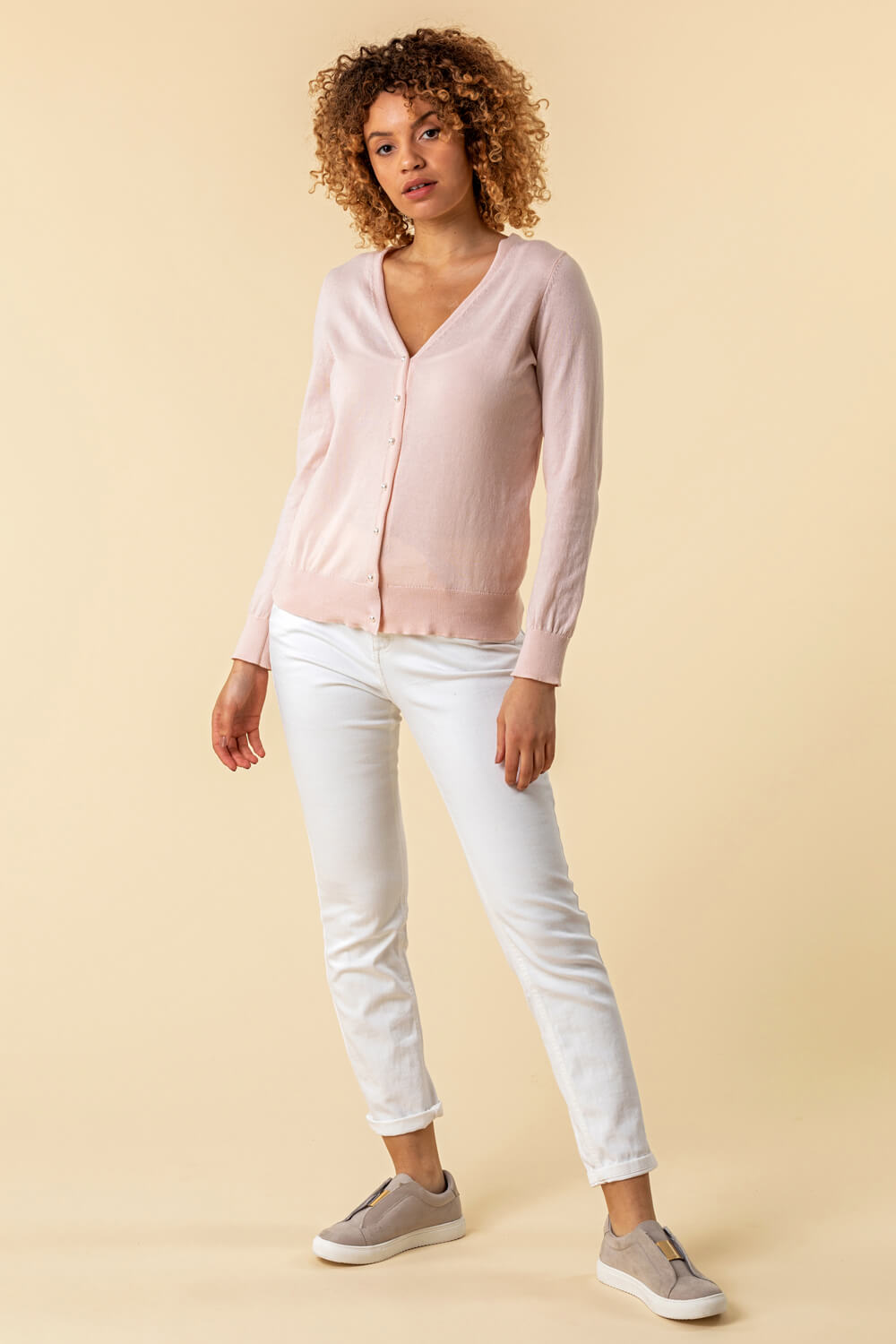 Light Pink Faux Pearl Button Detail Cardigan, Image 3 of 4