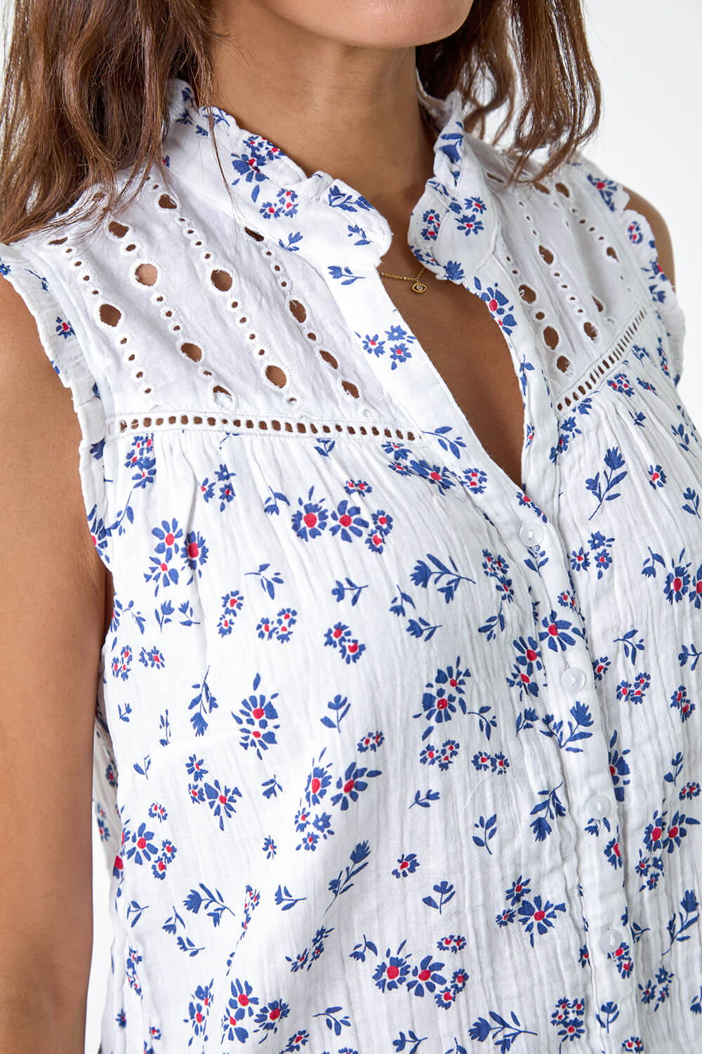 Blue Cotton Embroidered Floral Blouse, Image 5 of 5