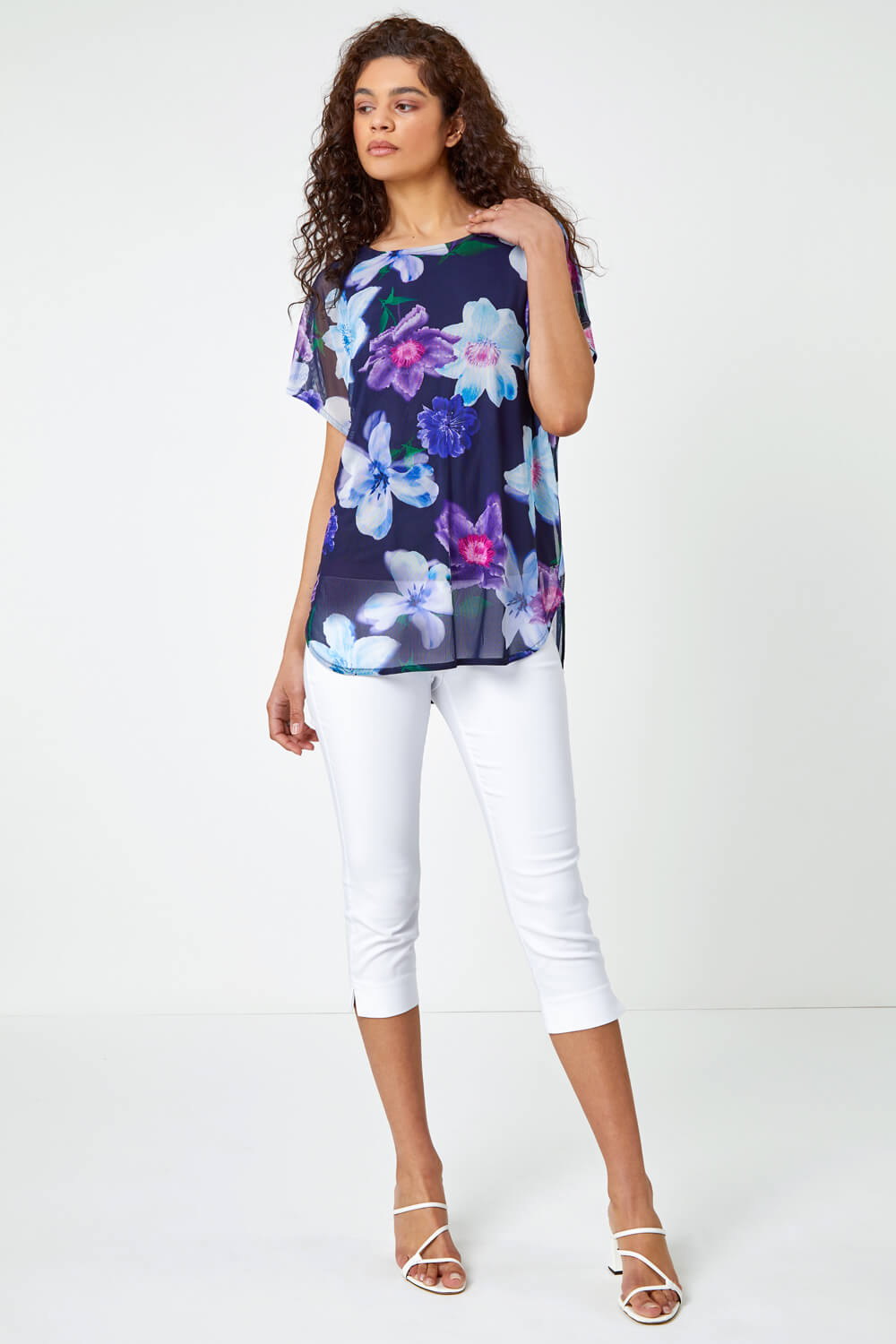 Navy  Floral Print Mesh Overlay Top, Image 2 of 5